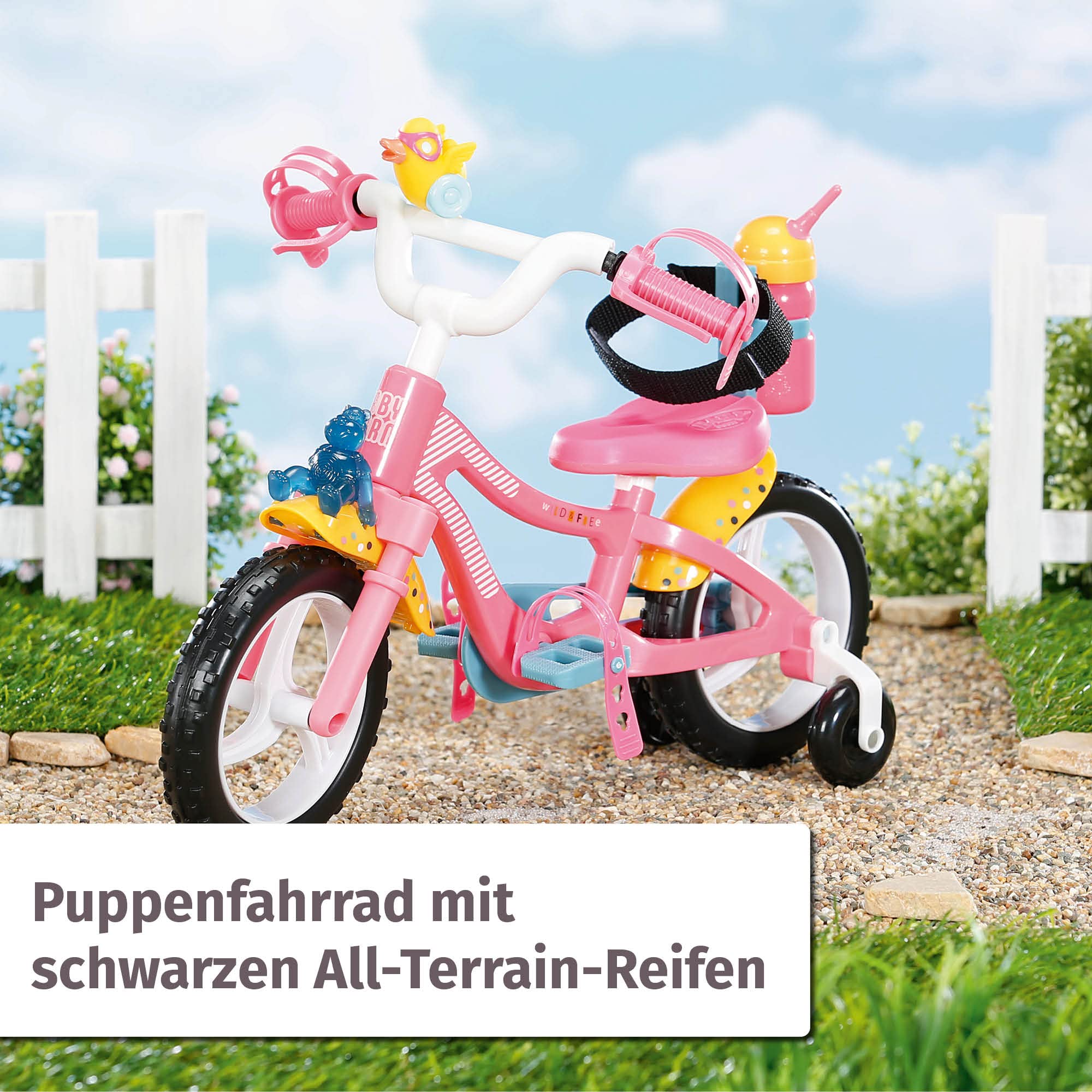 BABY Born Zapf Creation 835210 Fahrrad- rosa Puppenfahrrad für 43cm große Puppen mit Stützrädern, Schlaufen und Sicherheitsgurt, Blinklicht, Hupe und Flasche.