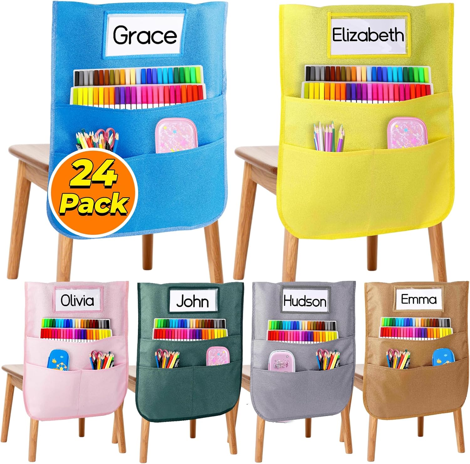 24 Pcs Chair Pockets for Classrooms 20 x 17 Inch,Seat Sacks for Classroom Chairs K-2,Back to School Student Chair Pockets Seat Back with Name Tag Slot,Back of Chair Pockets for Classroom School Home