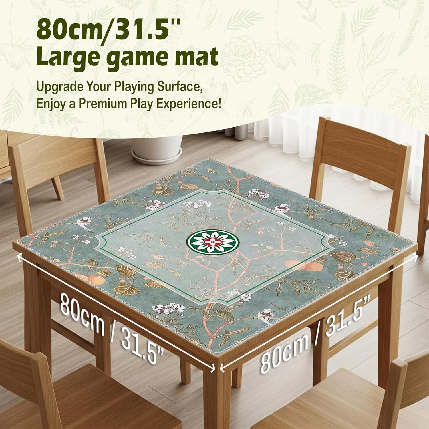 Chinoiserie Green Mahjong Mat 31.5 x 31.5 In, Vintage Botanical Bird Mahjong Mat for Table, Non-Slip Noise Reduction Game Table Cover Tablecloth for Card Poker Dominoes Dice and Board Games