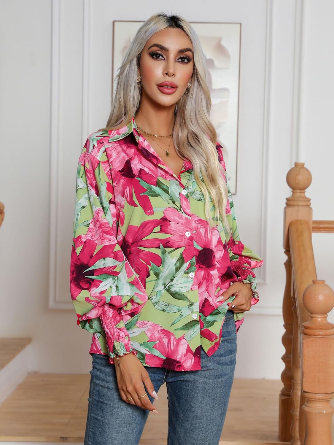 Women's Floral Print Blouse Long Sleeve Button Down Shirts Casual Dressy Blouse Shirts Tops - Image 3
