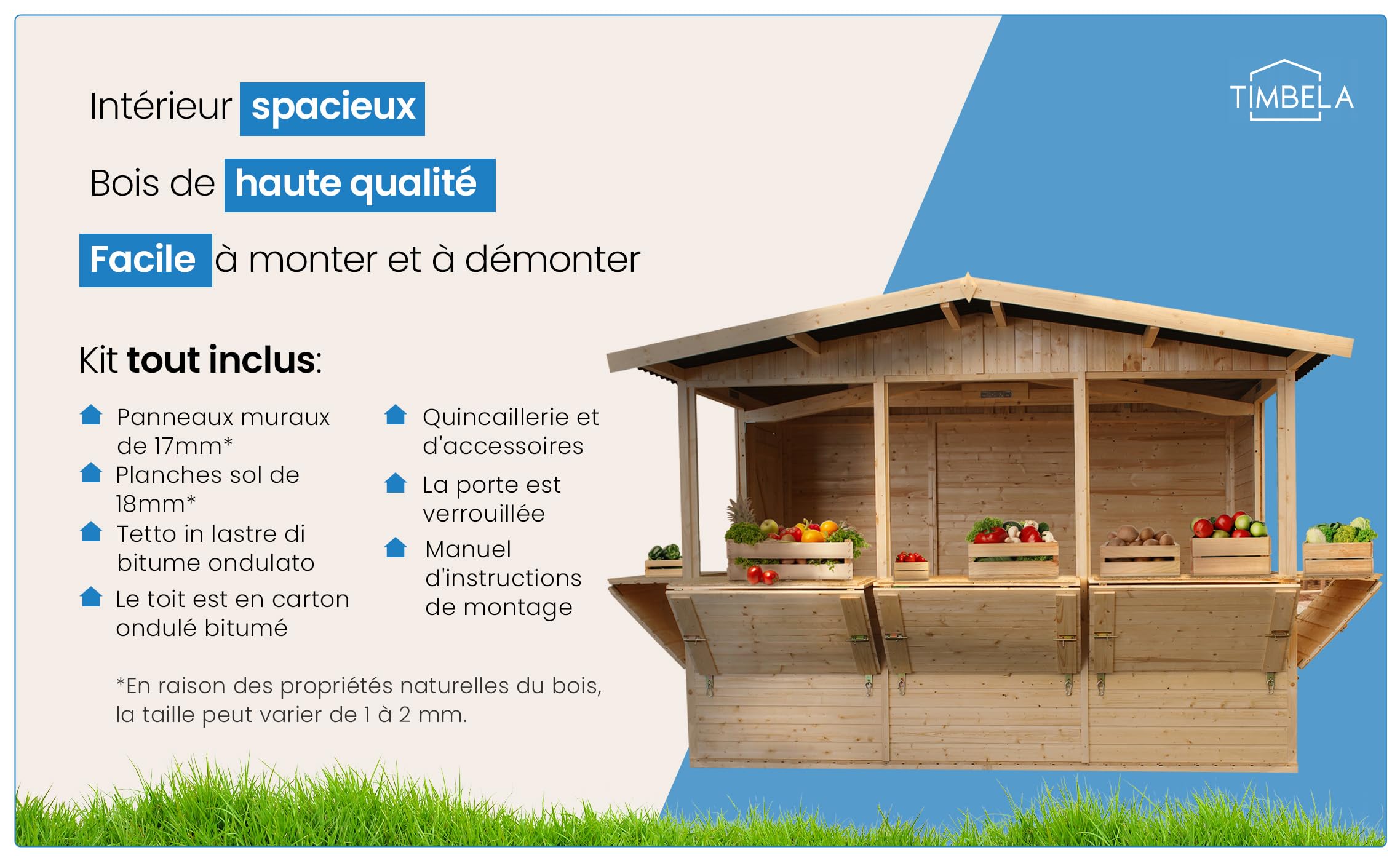 TIMBELA Abri de Jardin en Bois M150B – Kiosque Bois - Stand Marché avec 5 Fenêtres, L336xP263xH232 cm / 6 m², Facile à Monter et à Démonter, Bar Jardin
