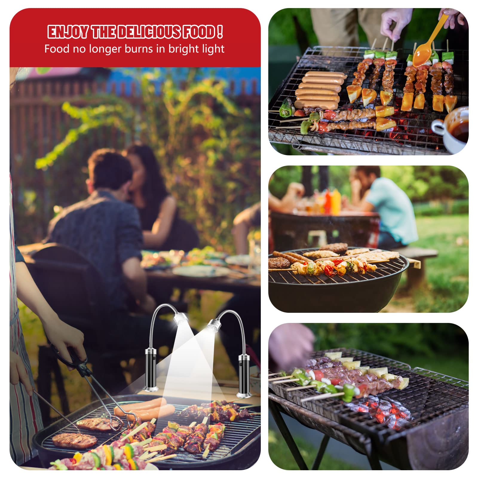 Lampada Barbecue,2 Pezzi 360° a Collo di Cigno Flessibile LED Grill Super Bright Barbecue Grill Luce con Base Magnetica,Regolabile Accessori Barbecue da Esterno per Lettura Lavoro Riparazione Camping