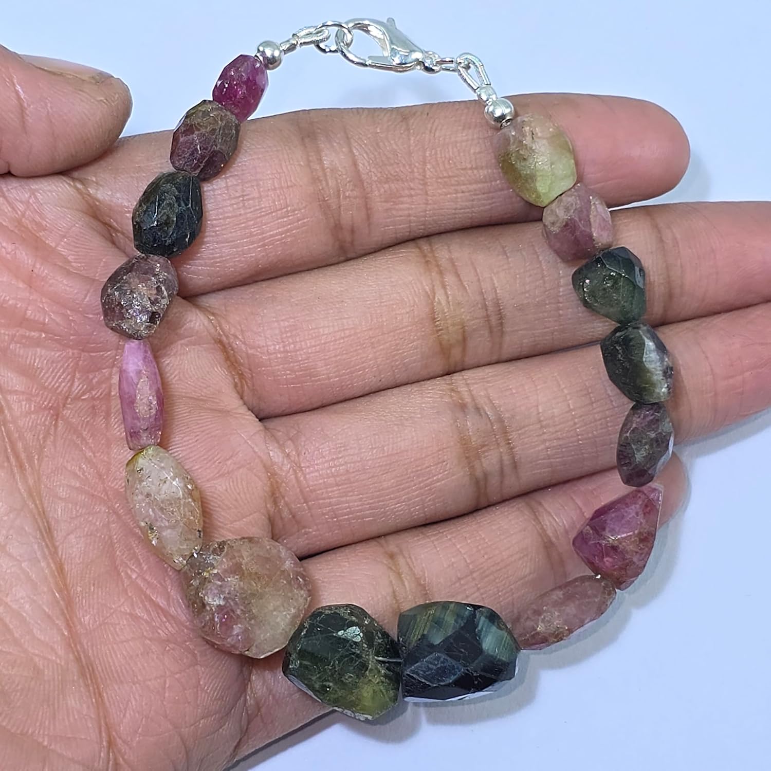 Natural tourmaline gemstone 9x8-14x12mm stacking bracelet | 7 inch | multi color, tumble shape, faceted cut, stone | with silver plated clasp | handmade jewellry |WW_ESK_00213