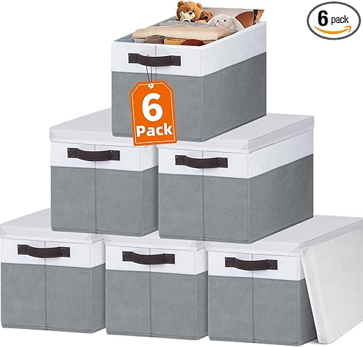 Extra Large Storage Baskets with Lids 6 Pack, 33 QT Blanket Basket for Organizing/ Stackable Decorative Closet Organizers and Storage Box for Clothes Towels/ Toy Organizers Bins with Handles/ 16x12