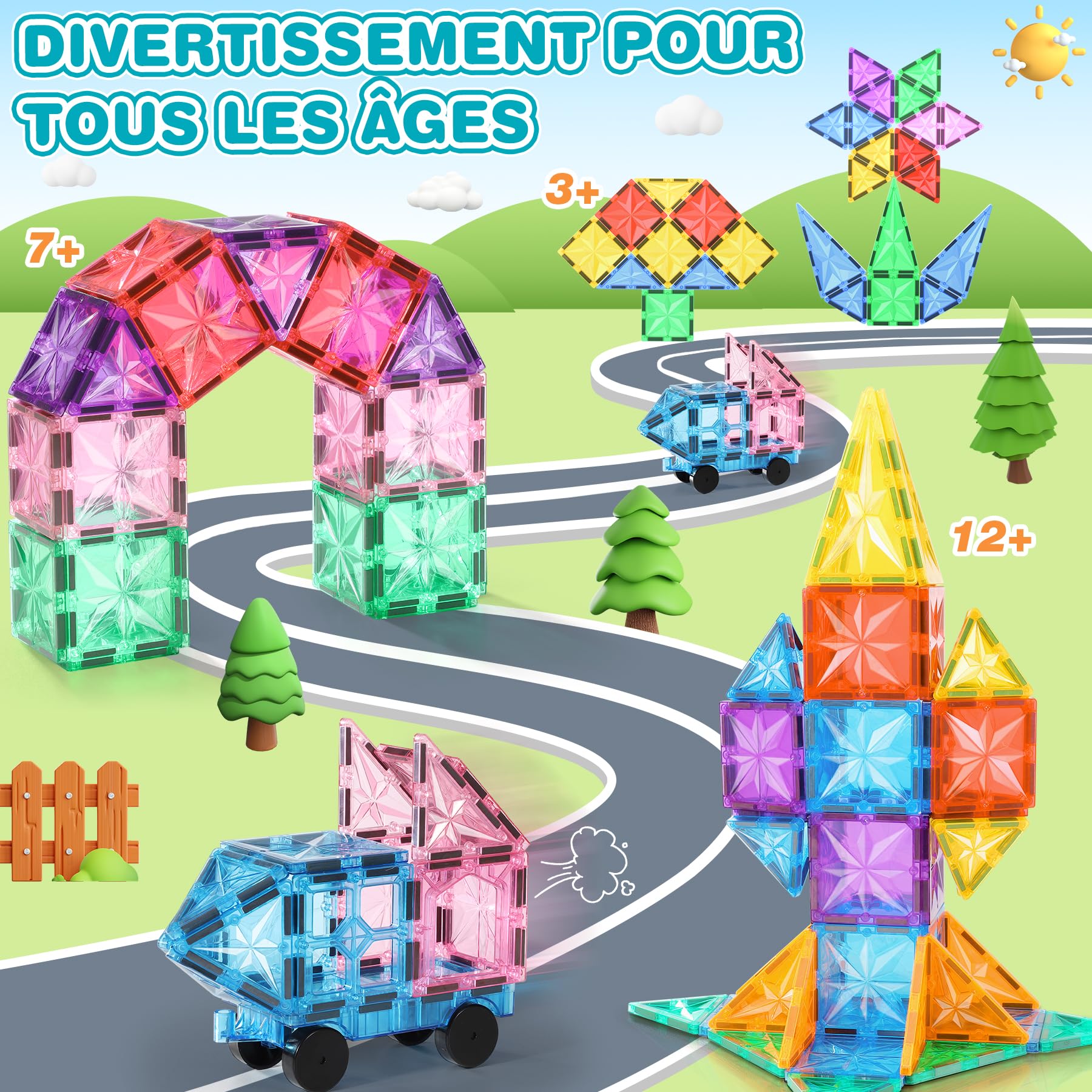 Blocs Construction Magnétiques Enfants Jouet 61 Pièces Jouets de Construction Magnetique Enfant Creatif STEM Educatif Jeux Cadeaux pour Enfant 3 4 5 6 7 8 Ans
