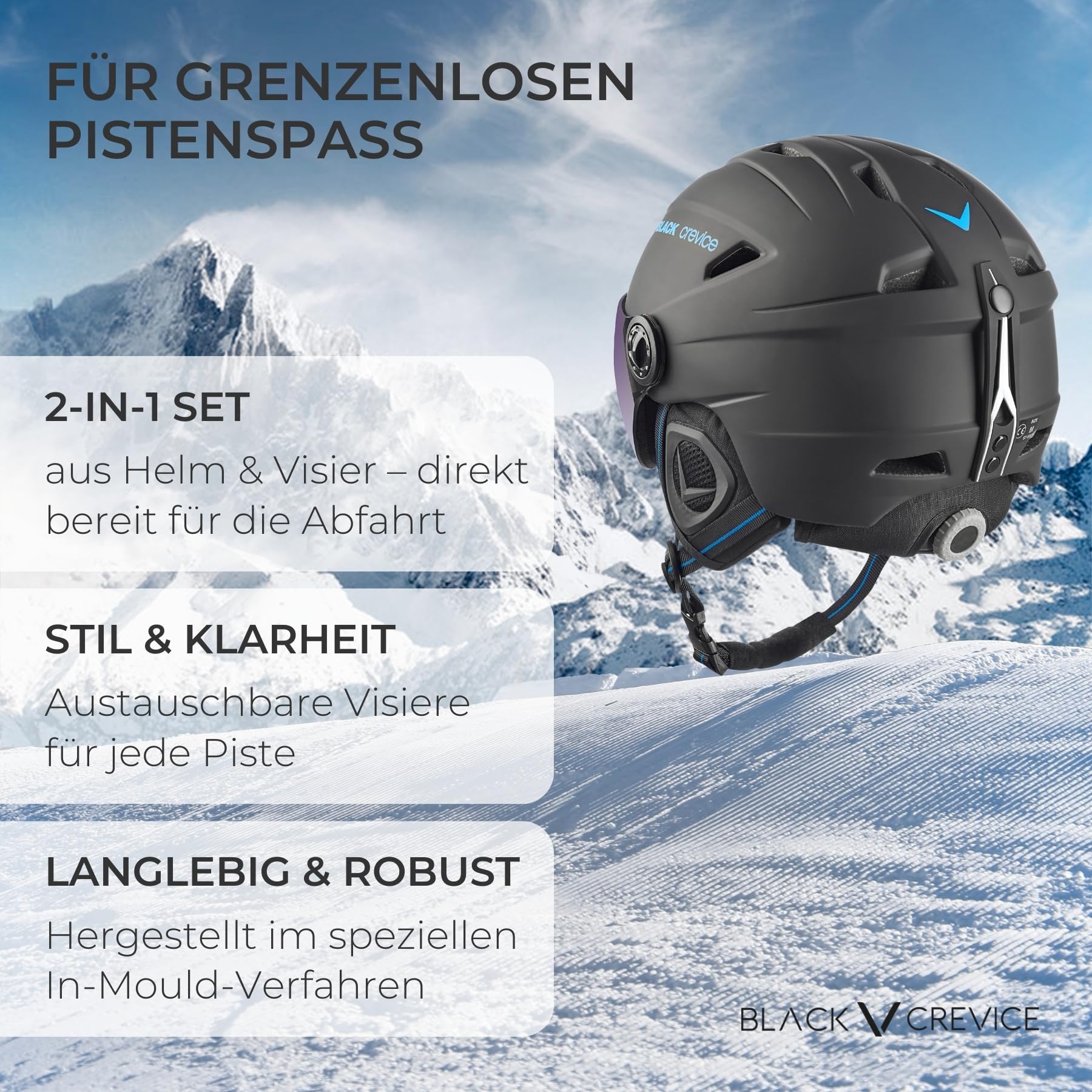 Black Crevice Silvretta Skihelm mit Visier im Pilotenstil Herren & Damen Polycarbonat Unisex Erwachsene Open Face Skihelm
