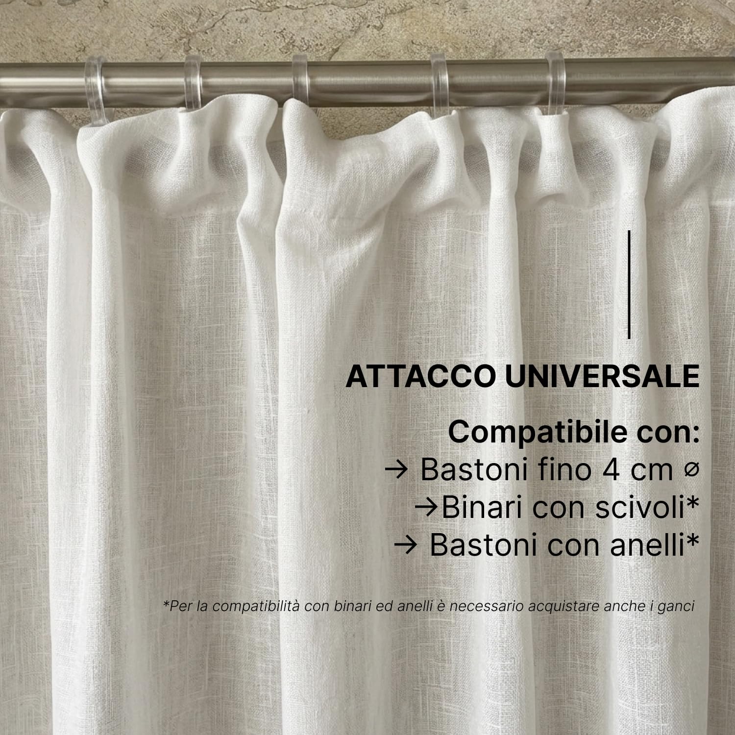 domus&trend Tenda Puro Lino 100% Made in Italy, Telo d'Arredo Grandi Altezze, Finitura Sartoriale Bastone e Binario, Semifiltranti 1 Pannello Tende per Interni Soggiorno (Bianco, 140 cm_x_310 cm)