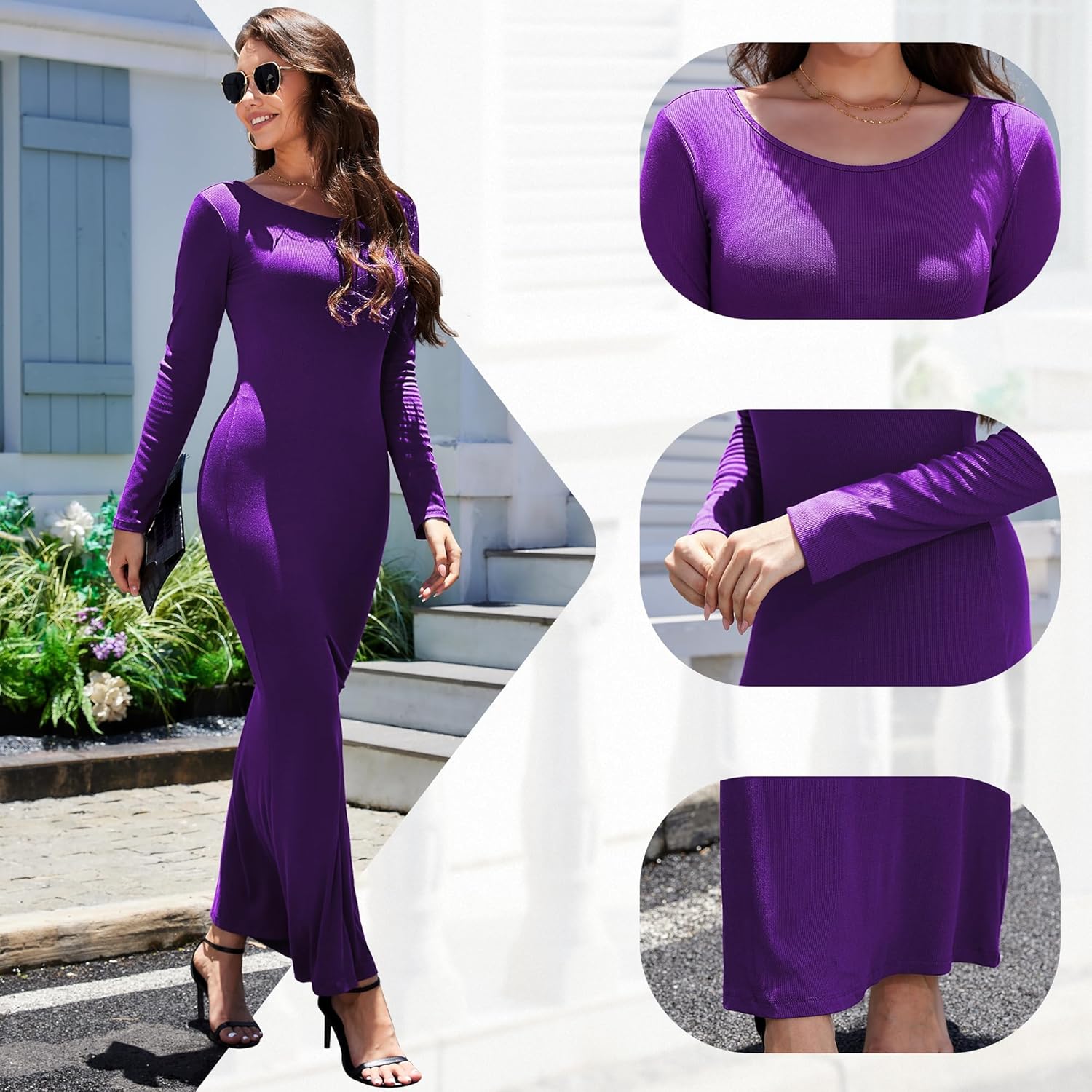 Long Sleeve Maxi Dress for Women Bodycon Ribbed Tight Sexy Long Sleeve Lounge Fall Casual Dresses - Image 4