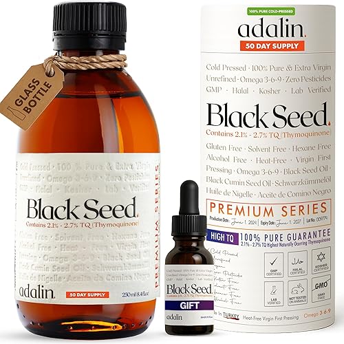 adalin Aceite de semilla negra líquido 8.4 fl oz Aceite de semilla de Nigella Sativa Alto en timoquinona Prensado en frío Botella de vidrio