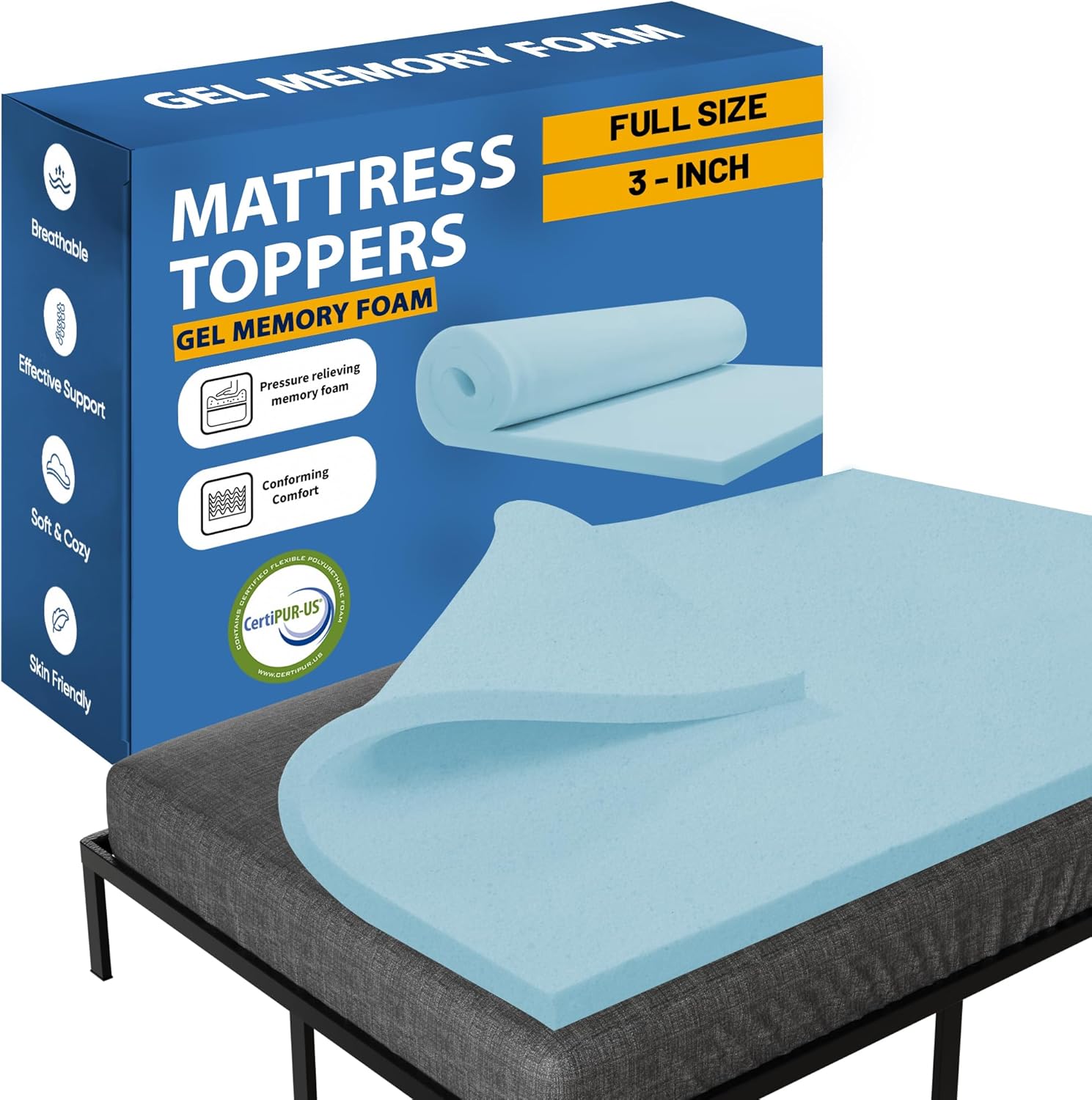 Greaton, 3-Inch Gel Memory Foam Mattress Topper, CertiPUR-US Certified for Superior Comfort and Support, Queen, Blue