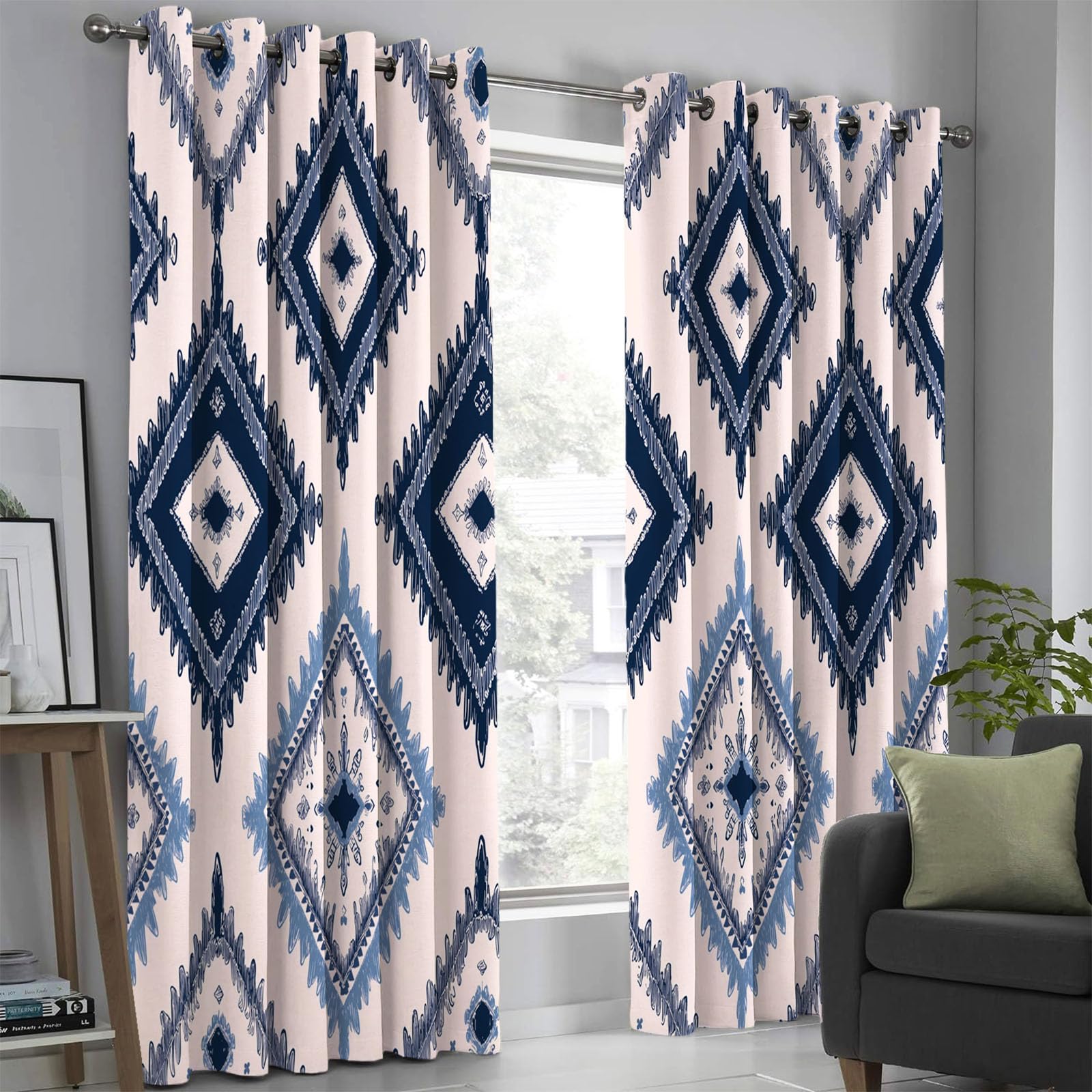 Lot de 2 Oeillets Rideaux Occultants, Isolant Thermique Anti Froid, Rideaux Motif Diamant Couture Imprimés Bohème Rideau Opaque pour Chambre et Salon Poudre de Blush 140L X 175H cm