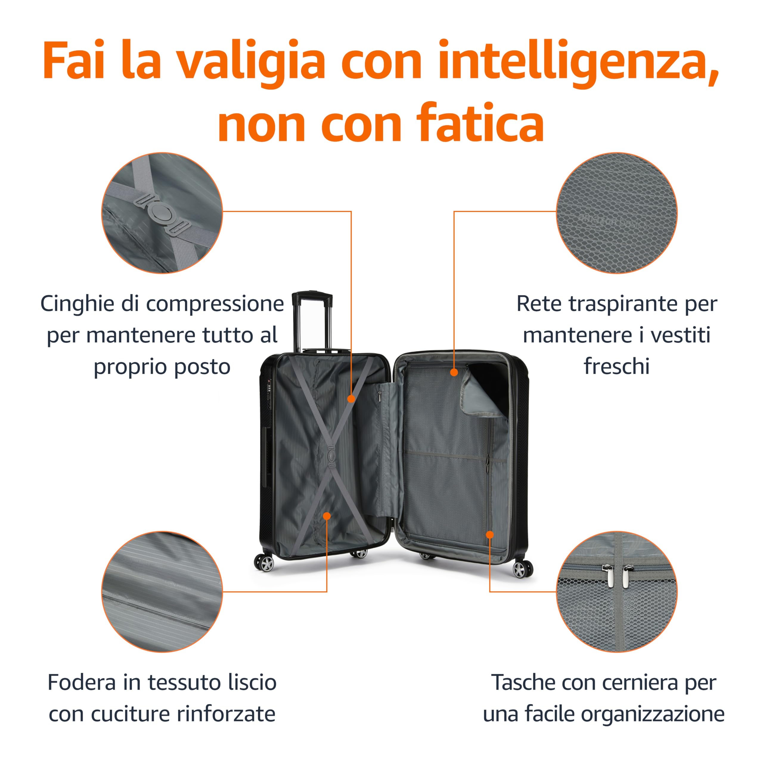 Amazon Basics - Valigia Rigida Grande con Ruote, Oxford con Lucchetto Approvato TSA, Quattro Ruote Piroettanti e Superficie Antigraffio, 76 cm, Nero