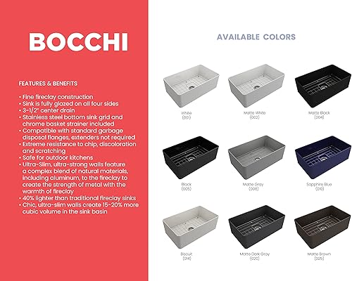 Miniatura 6 de BOCCHI Aderci - Fregadero de cocina ultradelgado con delantal delantero de granja de 30 pulgadas, fregadero de cocina de un solo tazón con rejilla