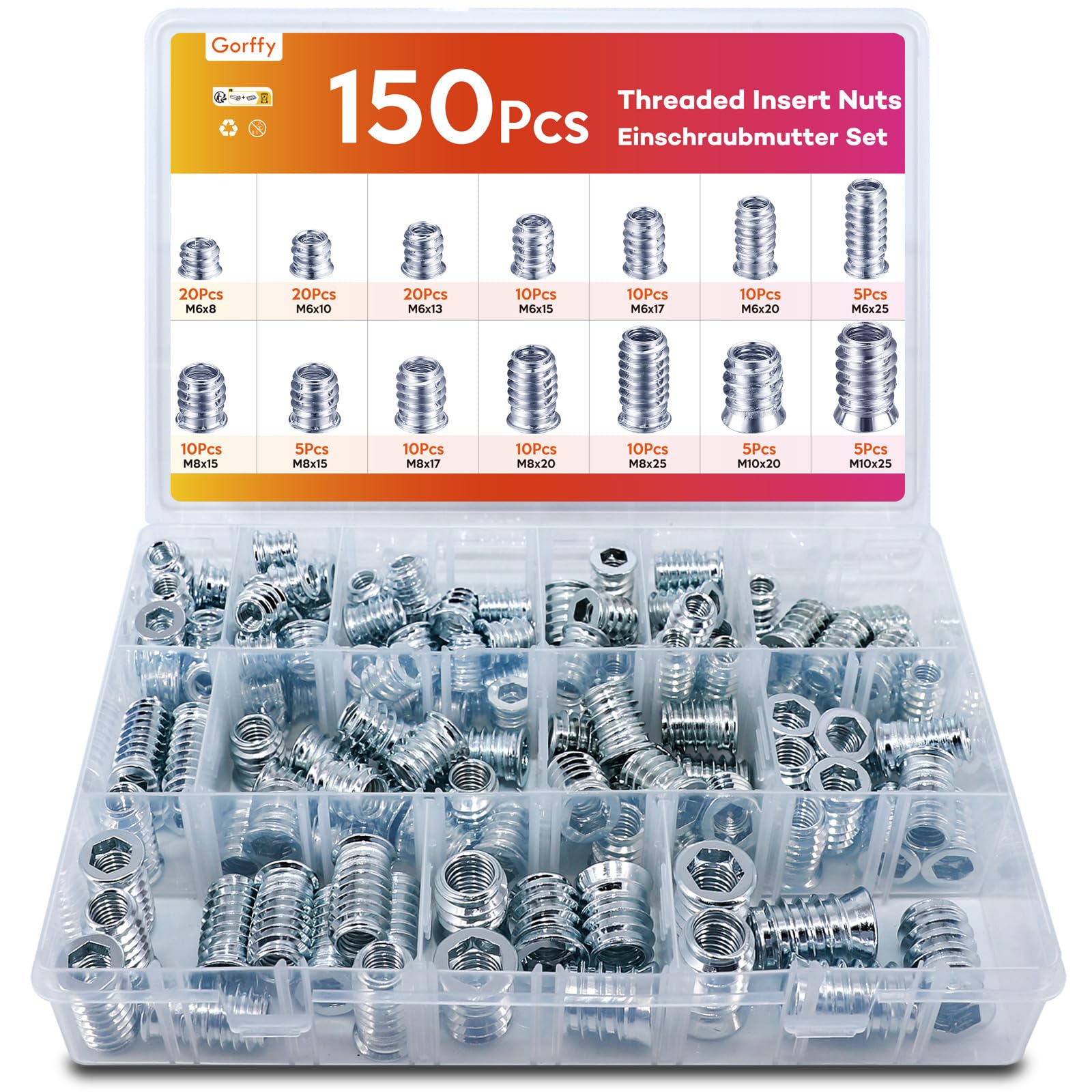 Threaded Inserts for Wood, Gorffy 170Pcs Threaded Insert Nuts, M6/M8/M10 Galvanised Steel Thread Inserts Screw with Box, Metal Insert Hex Socket Nuts for Wood Furniture