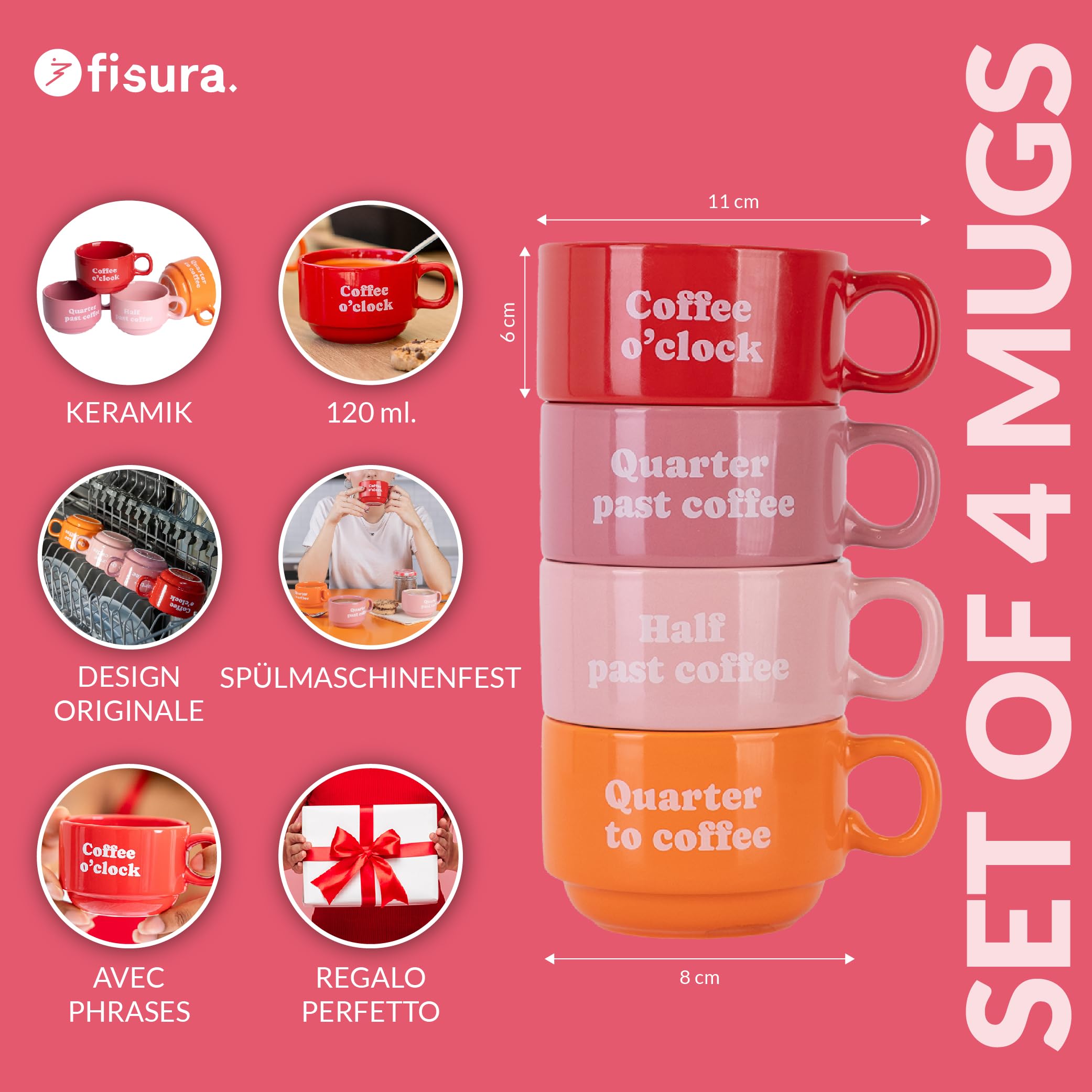FISURA – Set mit originellen Tassen Coffee Clock. Weiße Tassen mit lustigen Sprüchen. Originelle Tassen mit Botschaft als Geschenk. Set mit 4 humorvollen Keramiktassen