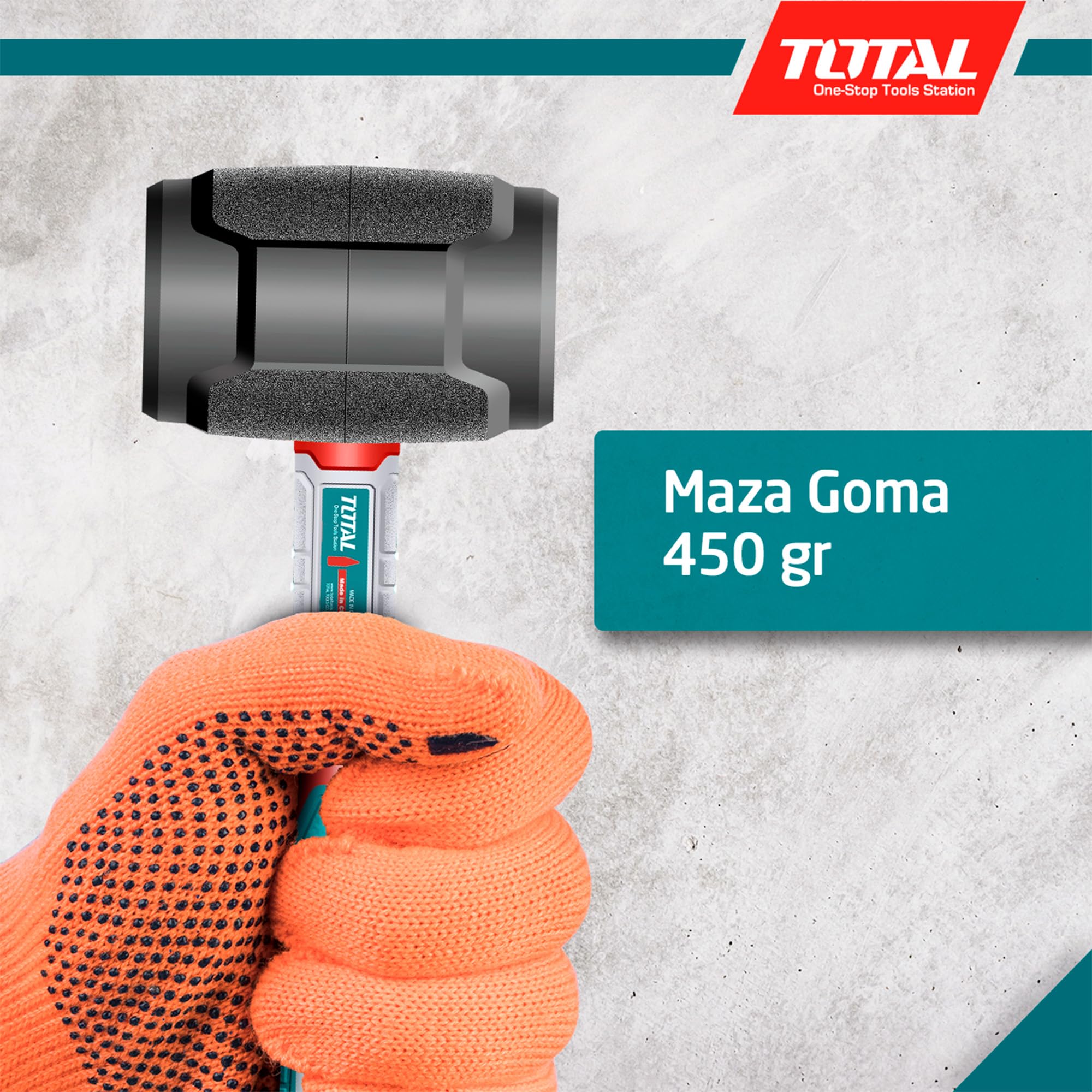 TOTAL - Mazza in Gomma - 450 g - Per Piastrellatura, Livellamento e Assemblaggio - Colpisce Senza Danneggiare la Superficie - Manico Antiscivolo in Fibra Trimateriale - Testa in Gomma Nera