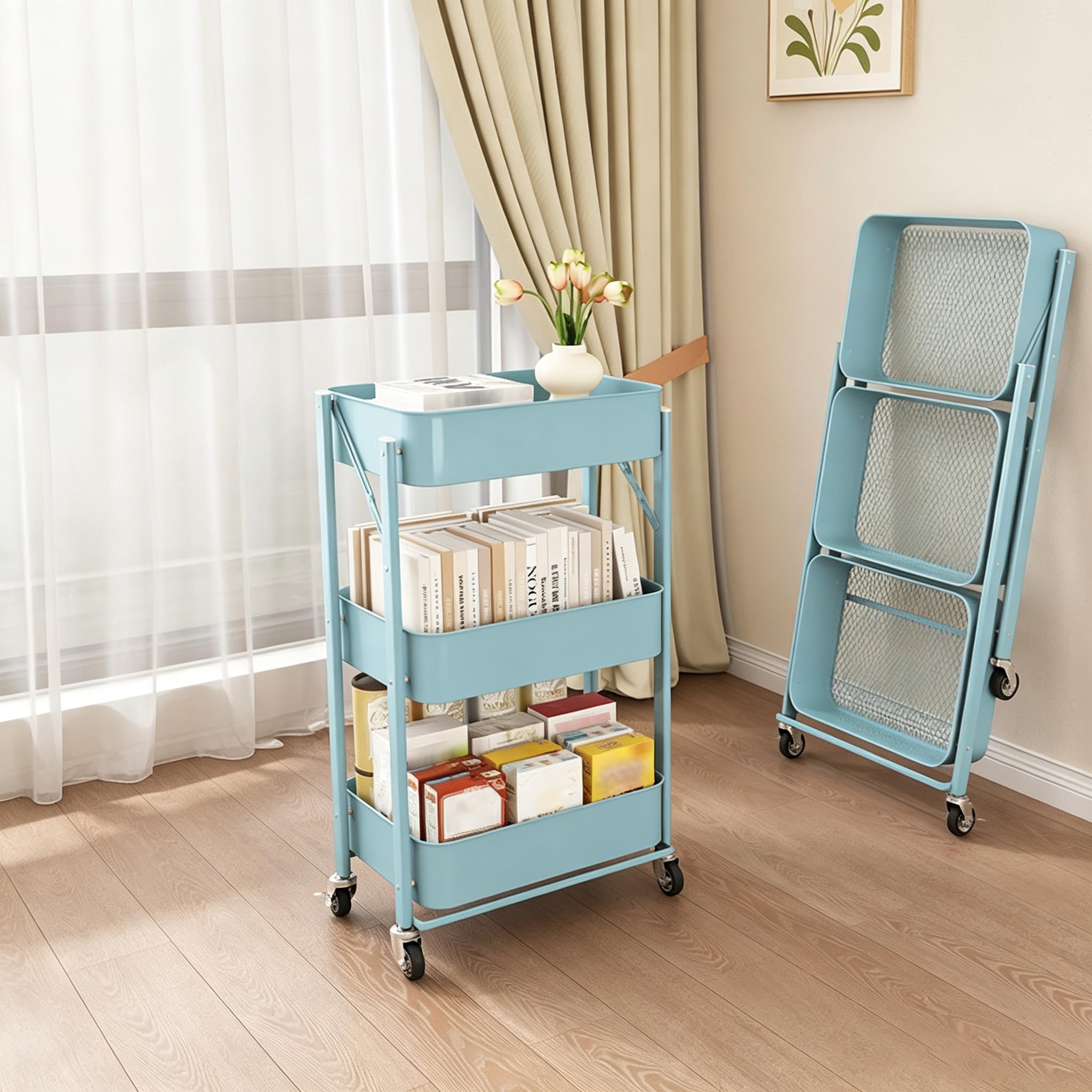 3-Tier Trolley On Wheels, Space-Saving Metal Foldable Bathroom Trolley