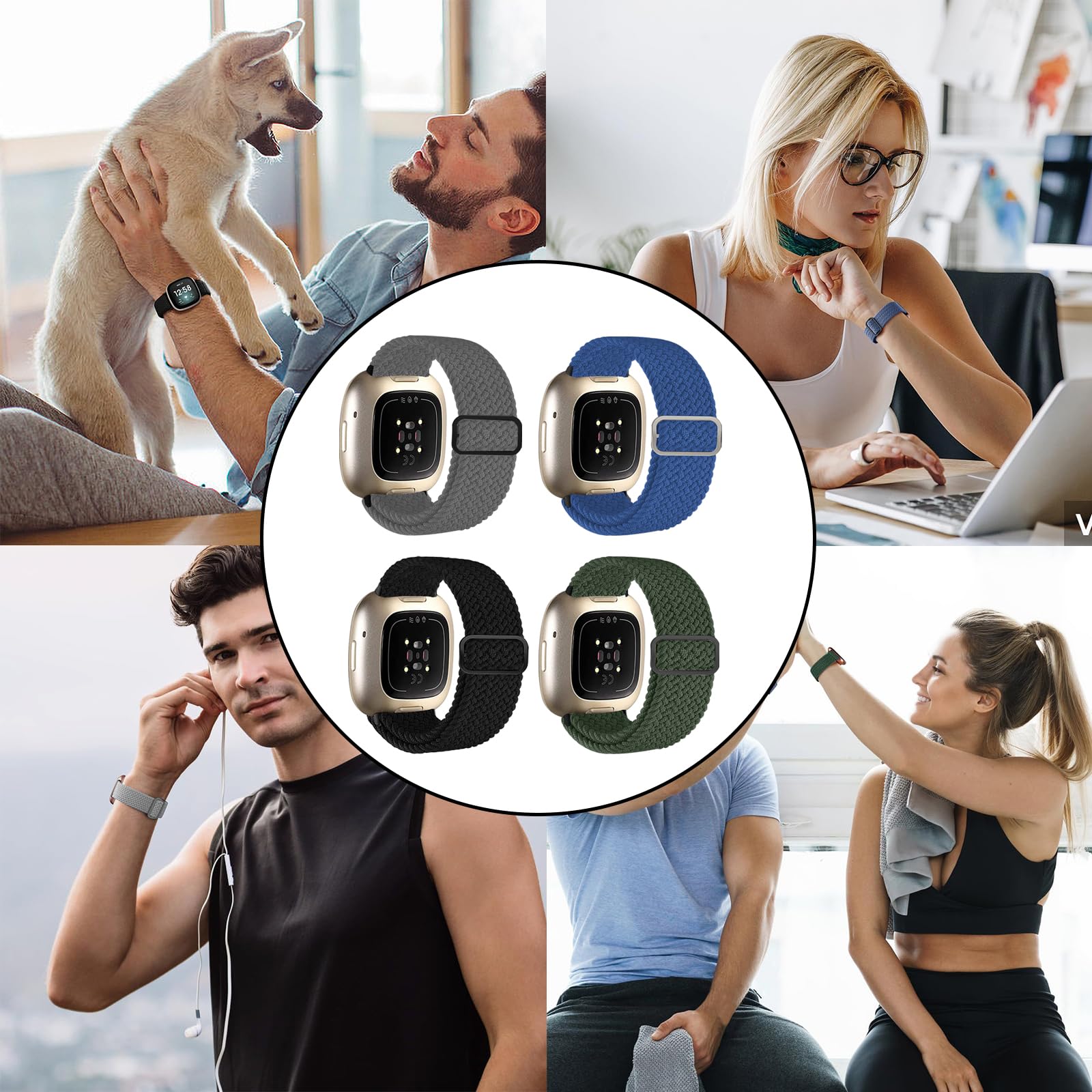 4 Pezzi Cinturino Elasticizzato Compatibile con Fitbit Versa 4/Versa 3/Fitbit Sense/Sense 2, Regolabile Nylon Cinturino per Fitbit Versa 4, Multicolore Intrecciato Cinturino per Uomini e Donne