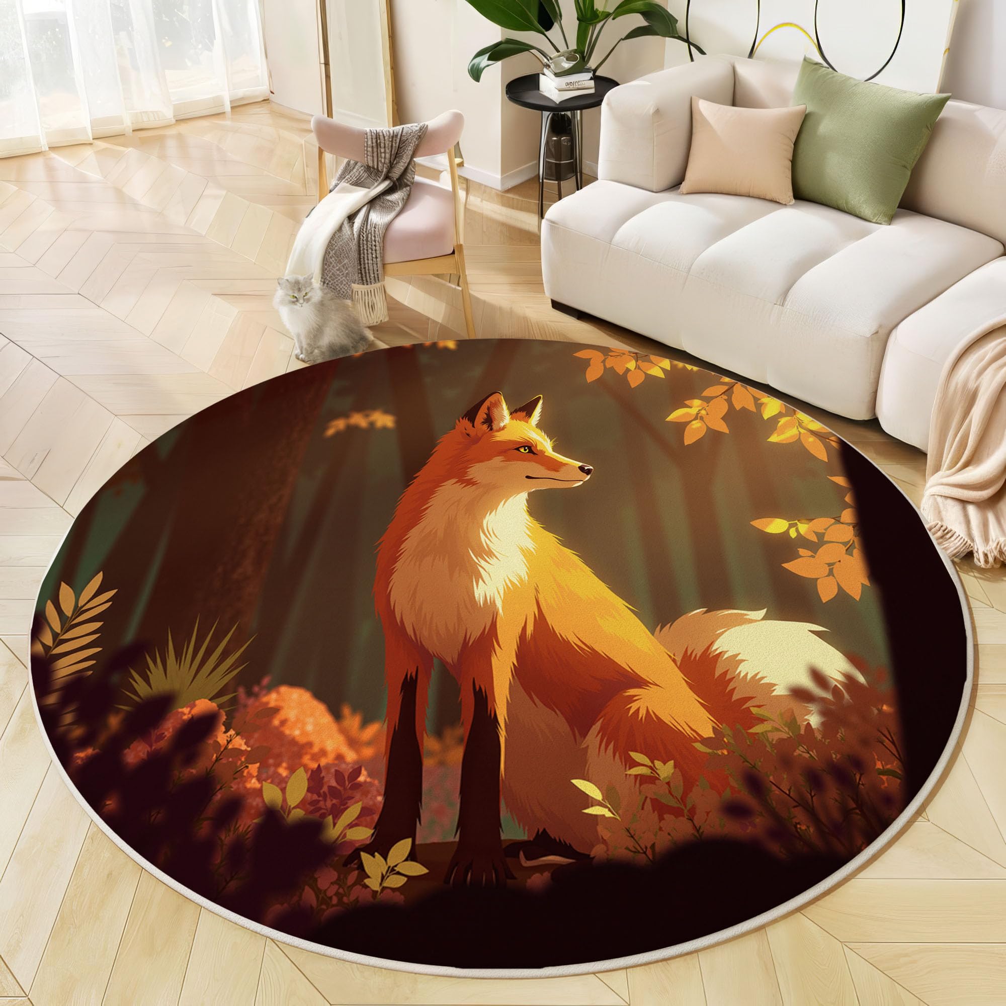 Tapis rond forêt ensoleillée renard 100 cm tapis animal d'automne orange