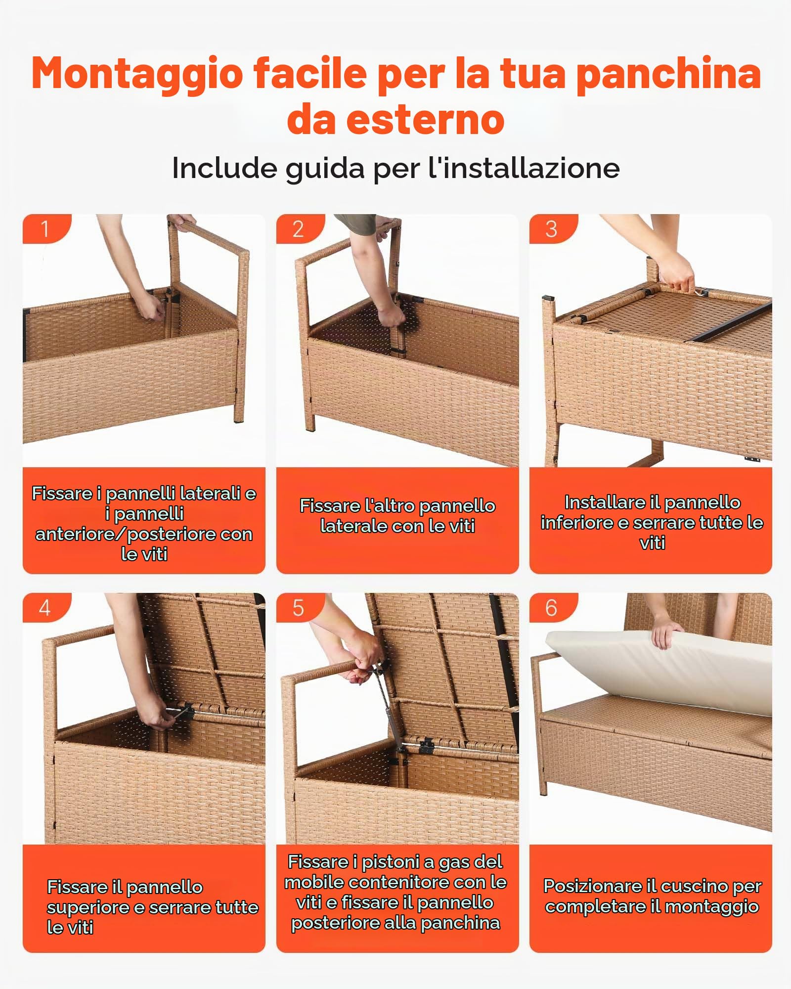 VEVOR Panca Portaoggetti da Esterno, Panca Portaoggetti in Rattan PE per 2 Persone, Contenitore con Cuscino Maniglia Laterale, Supporto max 120 kg, Seduta da Giardino Decorazione Esterna per Balcone