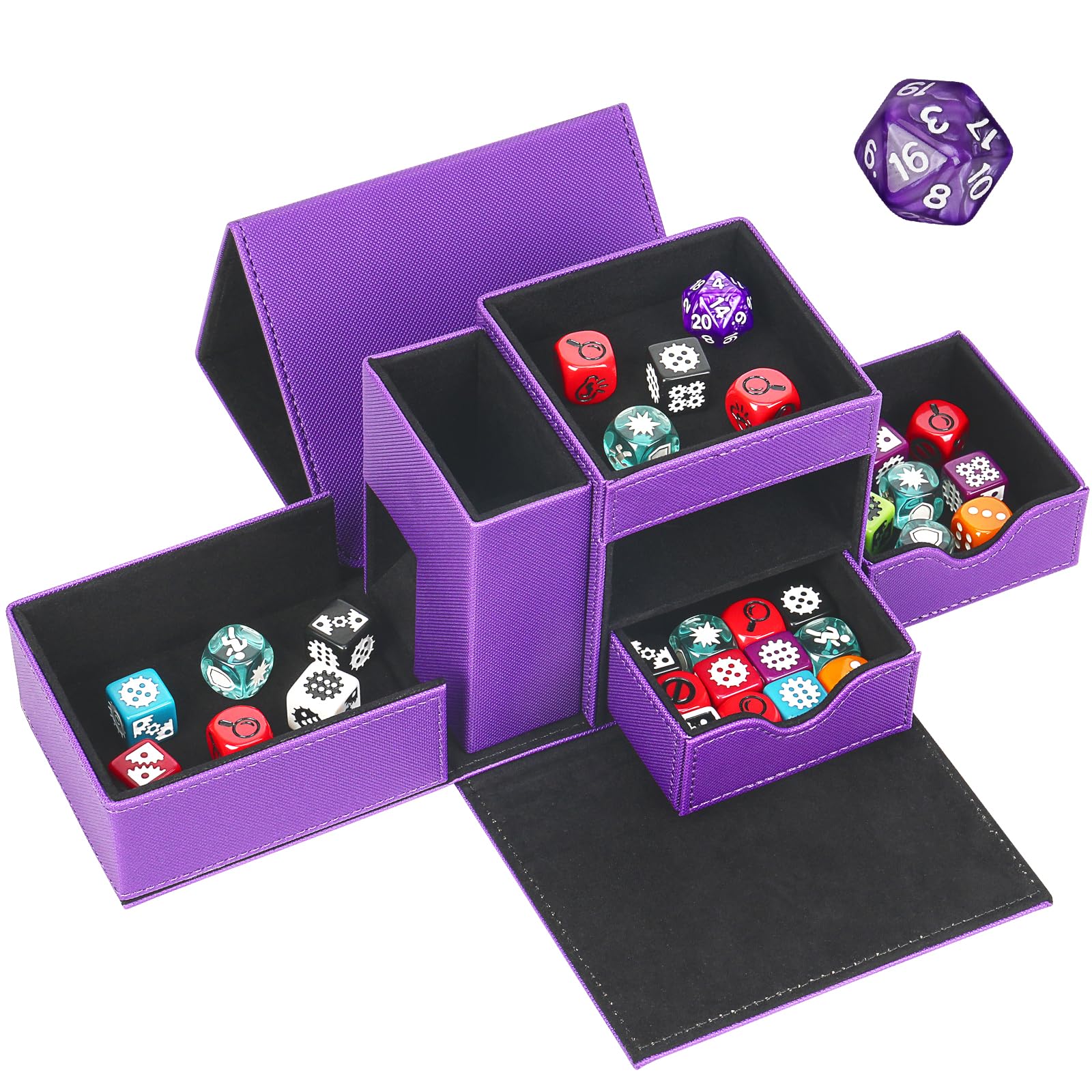 Vassoio per dadi e rullo per dadi a torre, scatola magnetica per dadi per rotolamento, 3 in 1, in pelle, organizer per dadi adatto per Dungeons & Dragons, MTG DM e Player, viola e nero