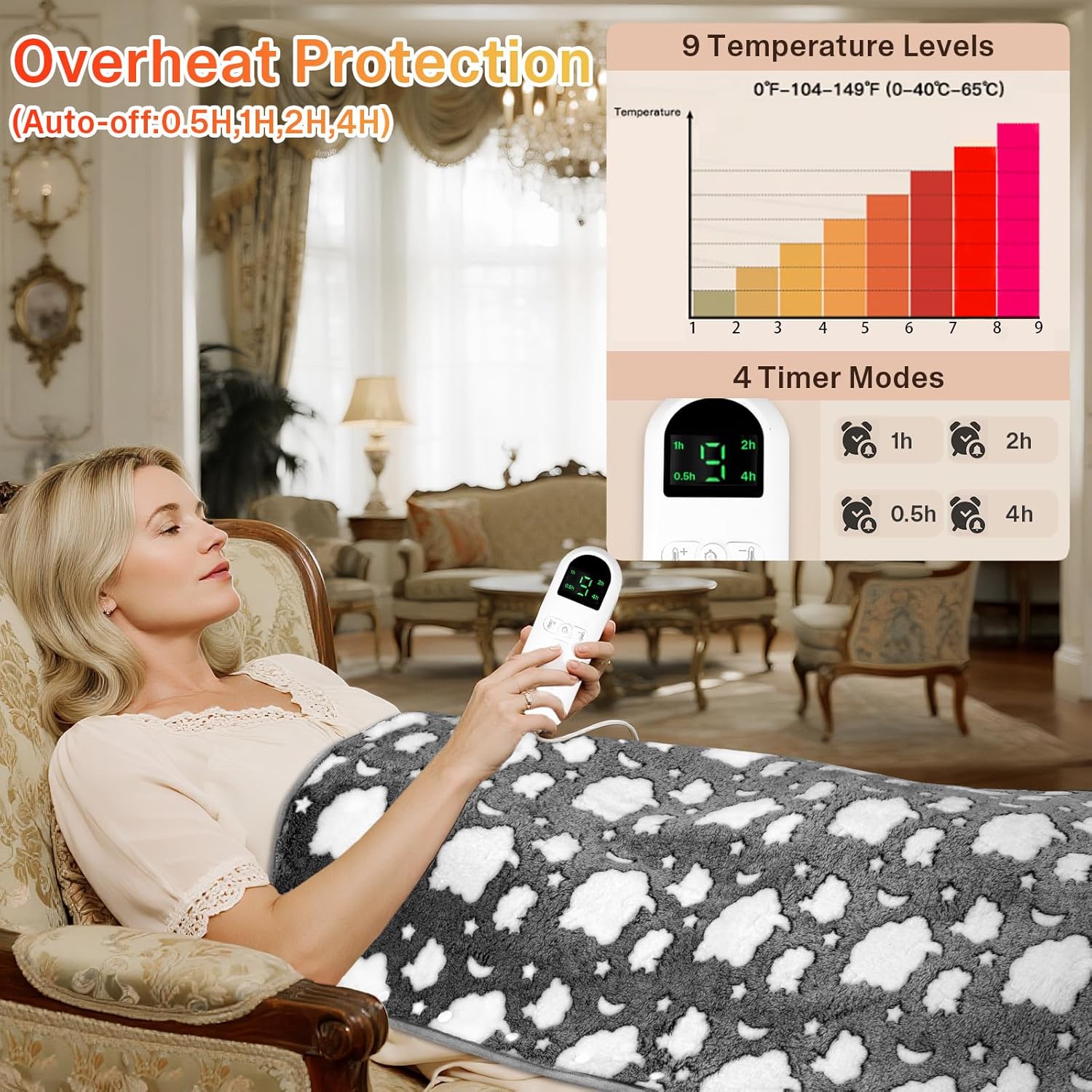 2-in-1 Heating Pads Large for Back Pain 40"x24", Foot Warmers for Feet XXXL Electric Heat Pad for Period Cramps & Full Body, 4 Timer Auto Shut Off(Max 4H)/9 Heat/10ft Cord Heating Blanket,Grey