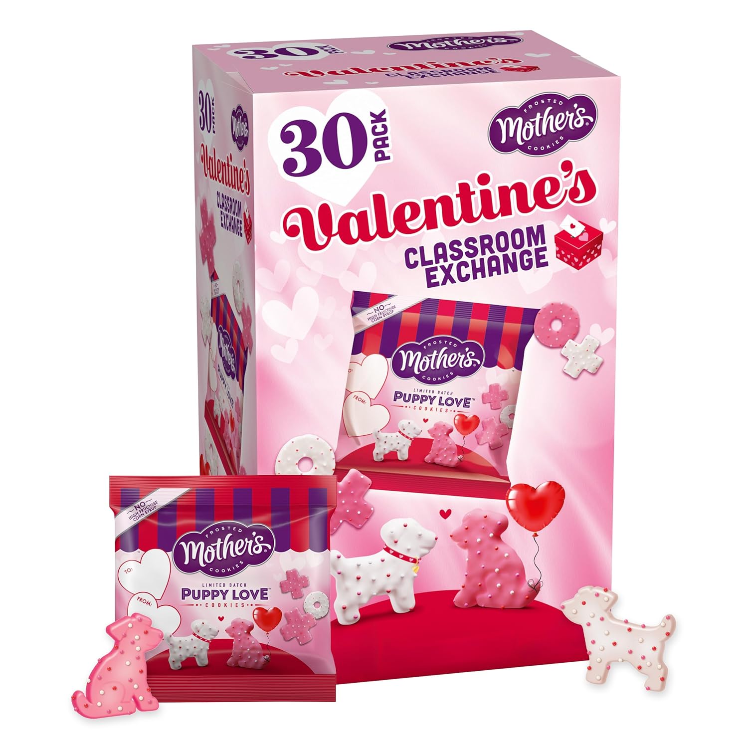 MOTHER'S Limited Batch Puppy Love Frosted Cookies 30 count box of 0.5oz bags, Valentine's Classroom Exchange - 15oz / 425g