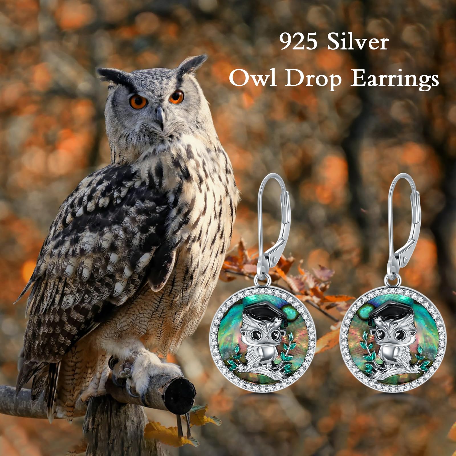 KZX Pendientes de búho para mujer, plata de ley 925, aretes colgantes de búho con concha de abulón, joyería de cumpleaños, día de Acción de Gracias, regalo para niña y esposa, Plata de ley, Sin piedra