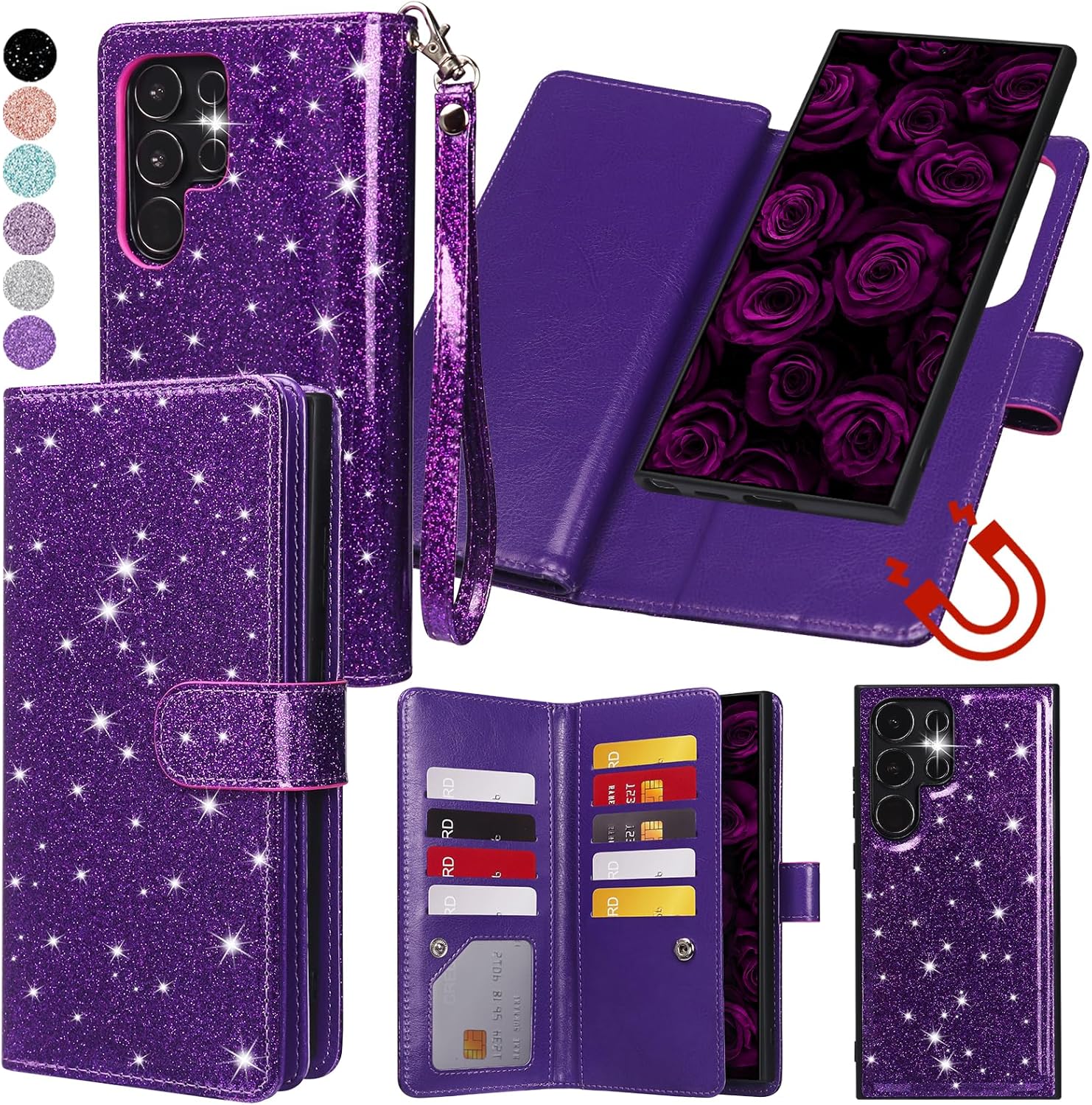 varikke for galaxy s25 ultra wallet case detachable with card holder for women, glitter pu leather strap magnetic flip wallet removable phone case cover for samsung galaxy s25 ultra 6.9", dark purple galaxy s25 ultra 6.9" dark purple