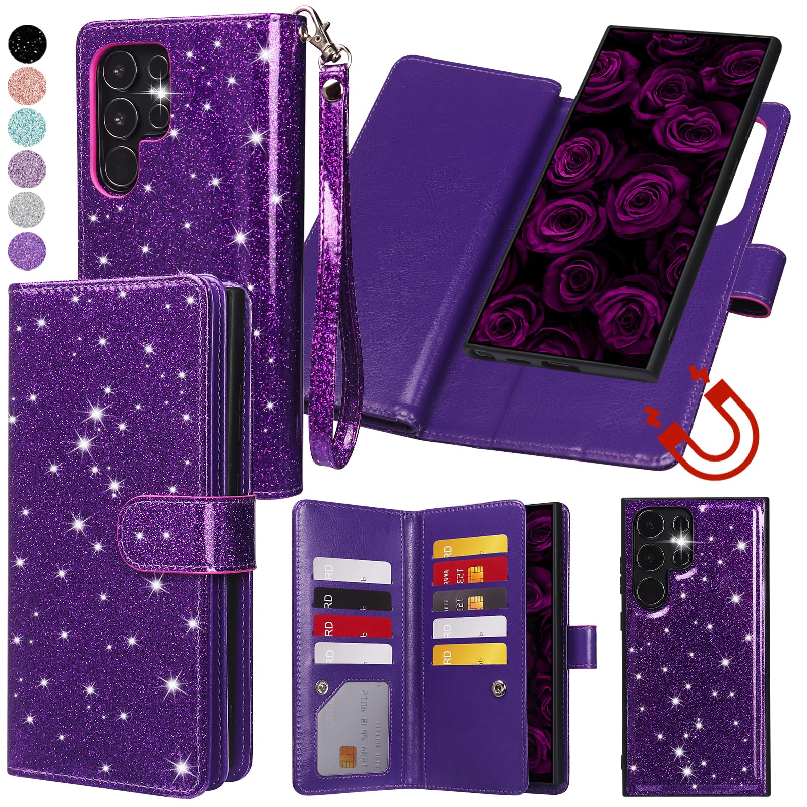Varikke for Galaxy S24 Ultra Wallet Case Detachable with Card Holder for Women, Glitter PU Leather Strap Magnetic Flip Wallet Removable Phone Case Cover for Samsung Galaxy S24 Ultra 6.8
