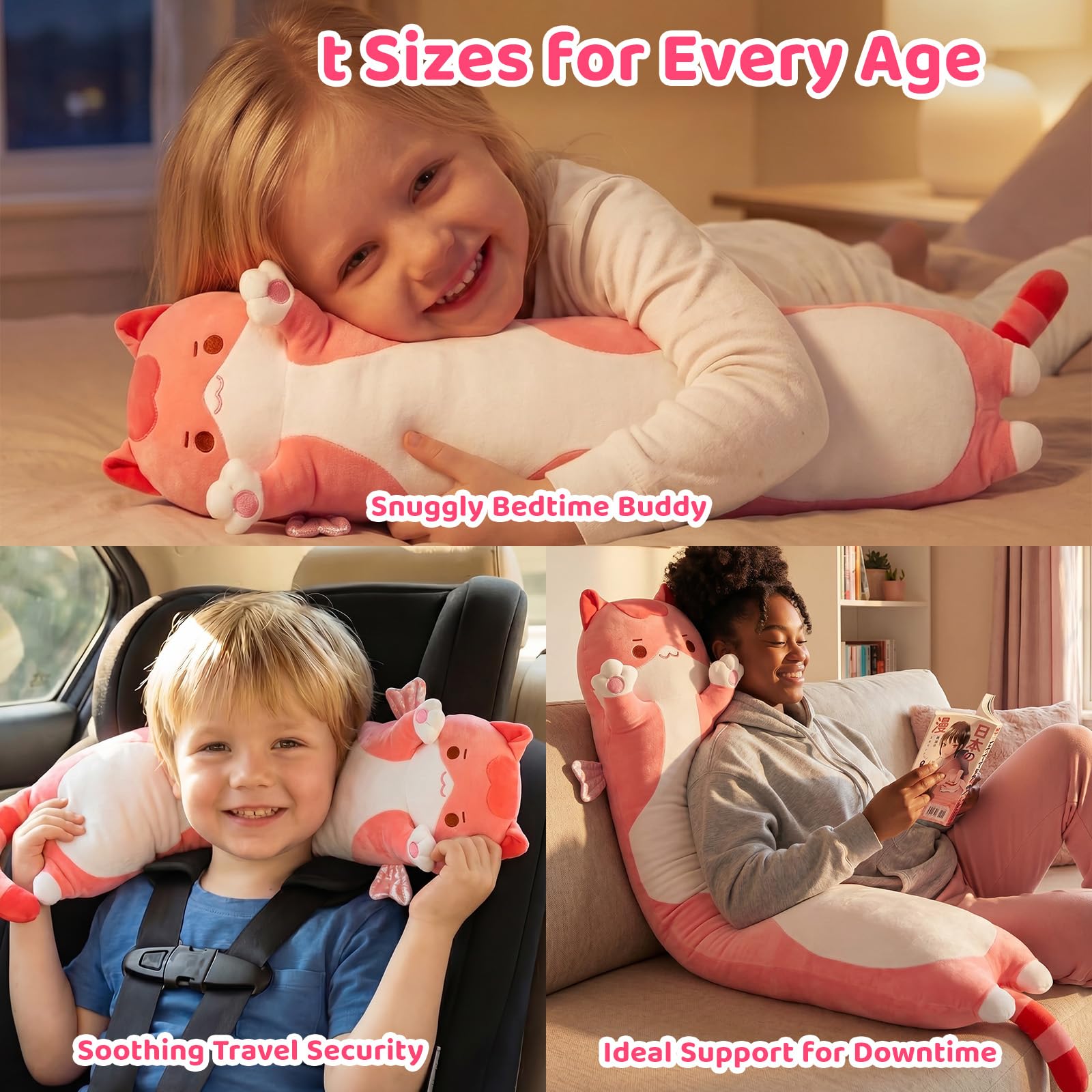 Mewaii Peluche Cuscino Kawaii Lungo Gatto Rosa 50CM per Bambina Cuscino di Peluche Animali Giocattoli Abbraccio Morbido Cuscino Giocattolo Regalo per Ragazza 3 anni in su