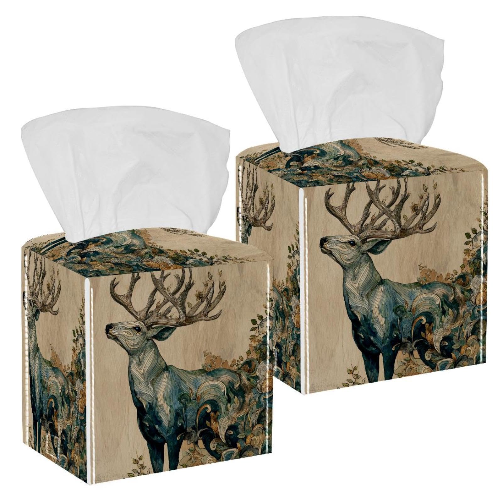 Retro Deer Tissue Box Cover, 2 Pack PU Leather Square Facial Tissue Dispenser Box holder for Home Office Car