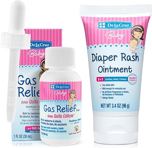 De La Cruz - Gotas de gas para bebés y crema de sarpullido de pañales para bebés con paquete de óxido de zinc