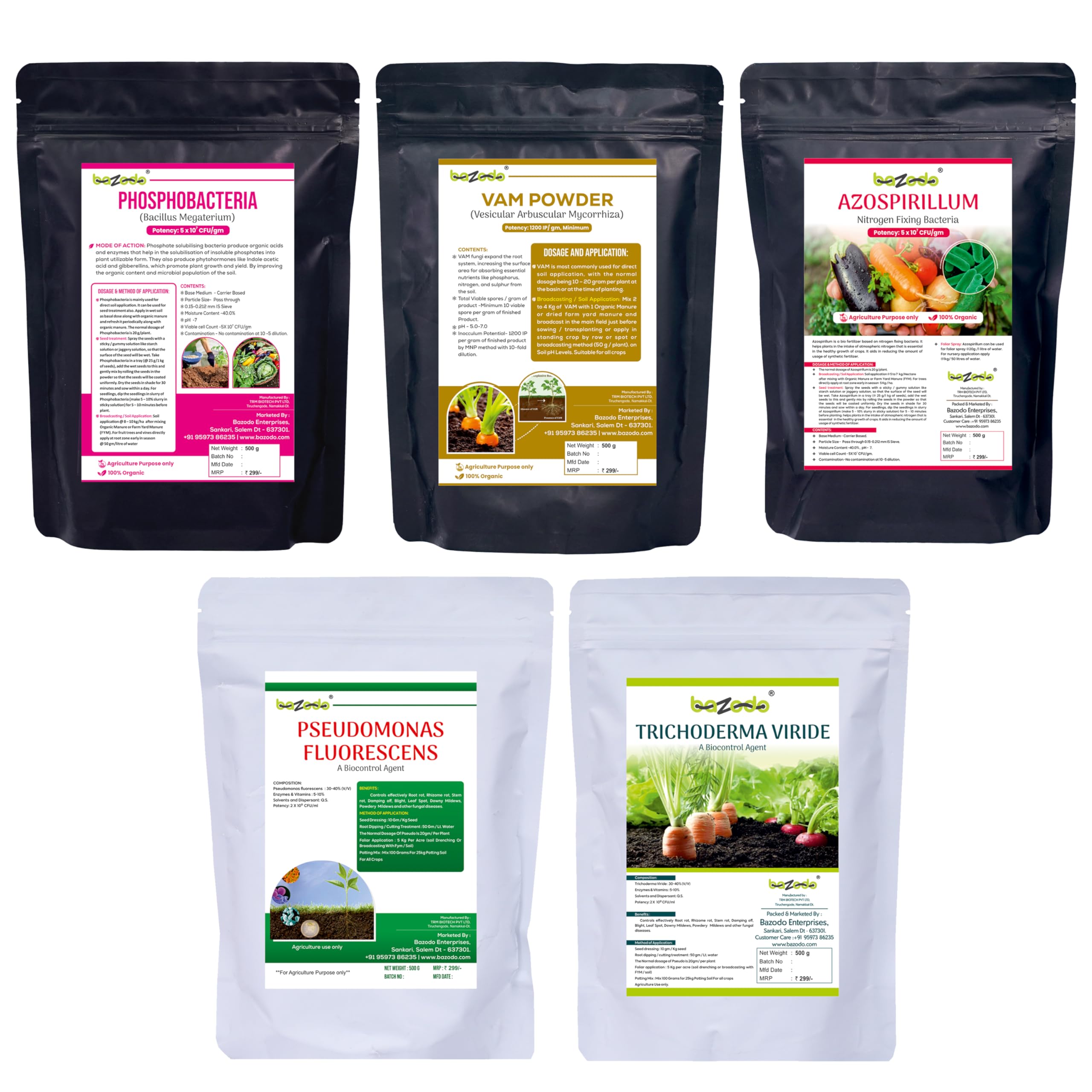 BAZODO Organic Bio Fertlizers Combo (Mini Pack), (Azospirillum, Pseudomonas, Phosphobacteria, Trichoderma Viride, Vam), 500Grams Each - Powder-image-36
