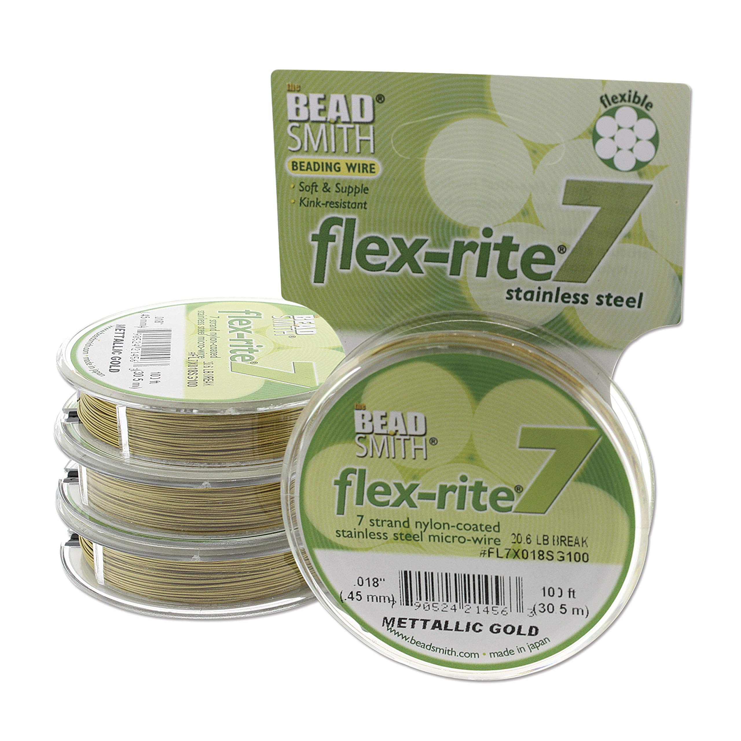 The Beadsmith Flex-Rite 7 Strand Nylon Coated, Stainless-Steel Beading Wire, Jewelry Making Supply (.018 Dia,Metallic Gold - 100 Ft)