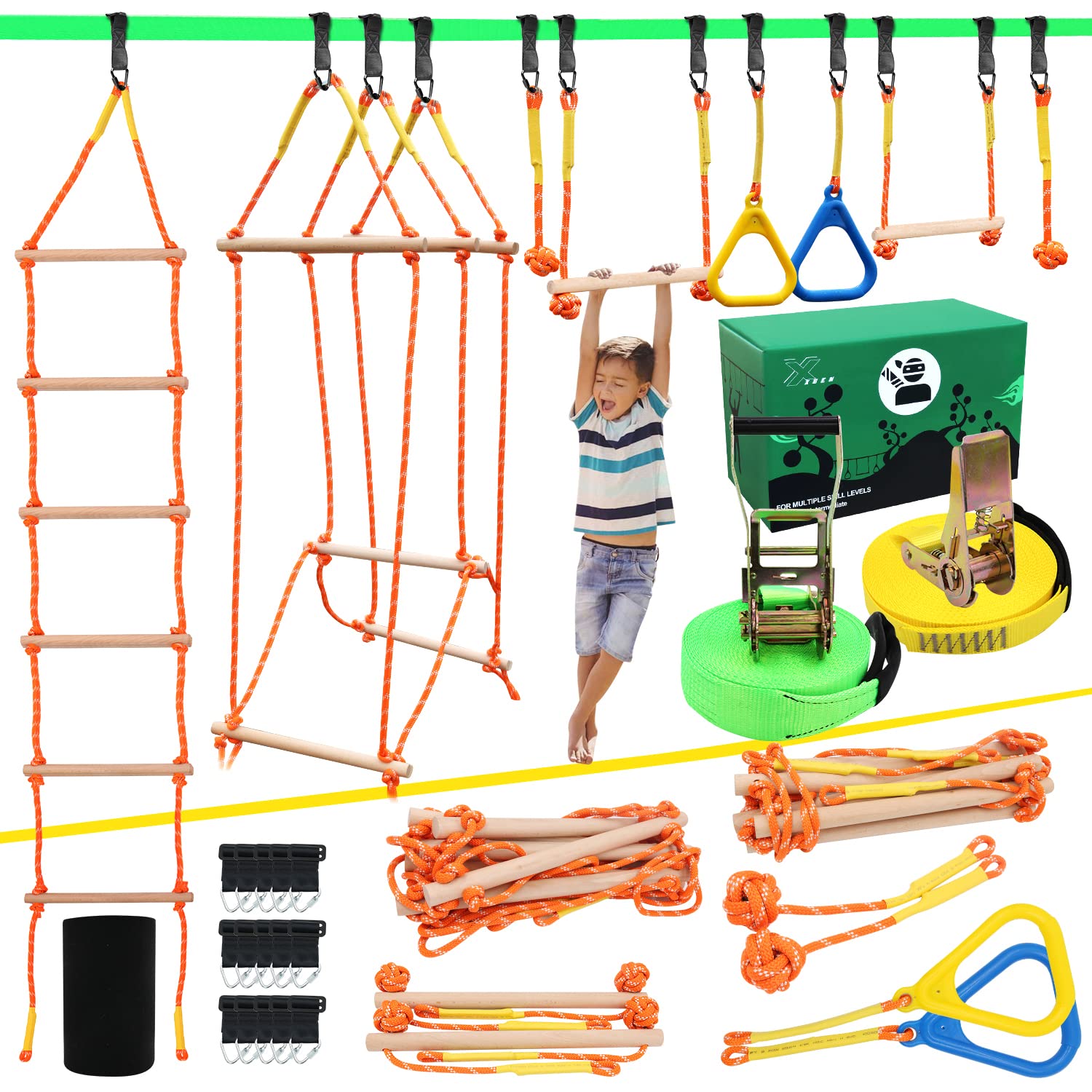 Amazon.com: X XBEN Obstacle Course for Kid, 2 X 50' Slackline Kit with 8  Accessories Monkey Bar, Gymnastics Ring, 68" Wooden Rope Ladder, Bridge  Obstacle, Ninja Warrior Training Equipment for Backyard Outdoor :