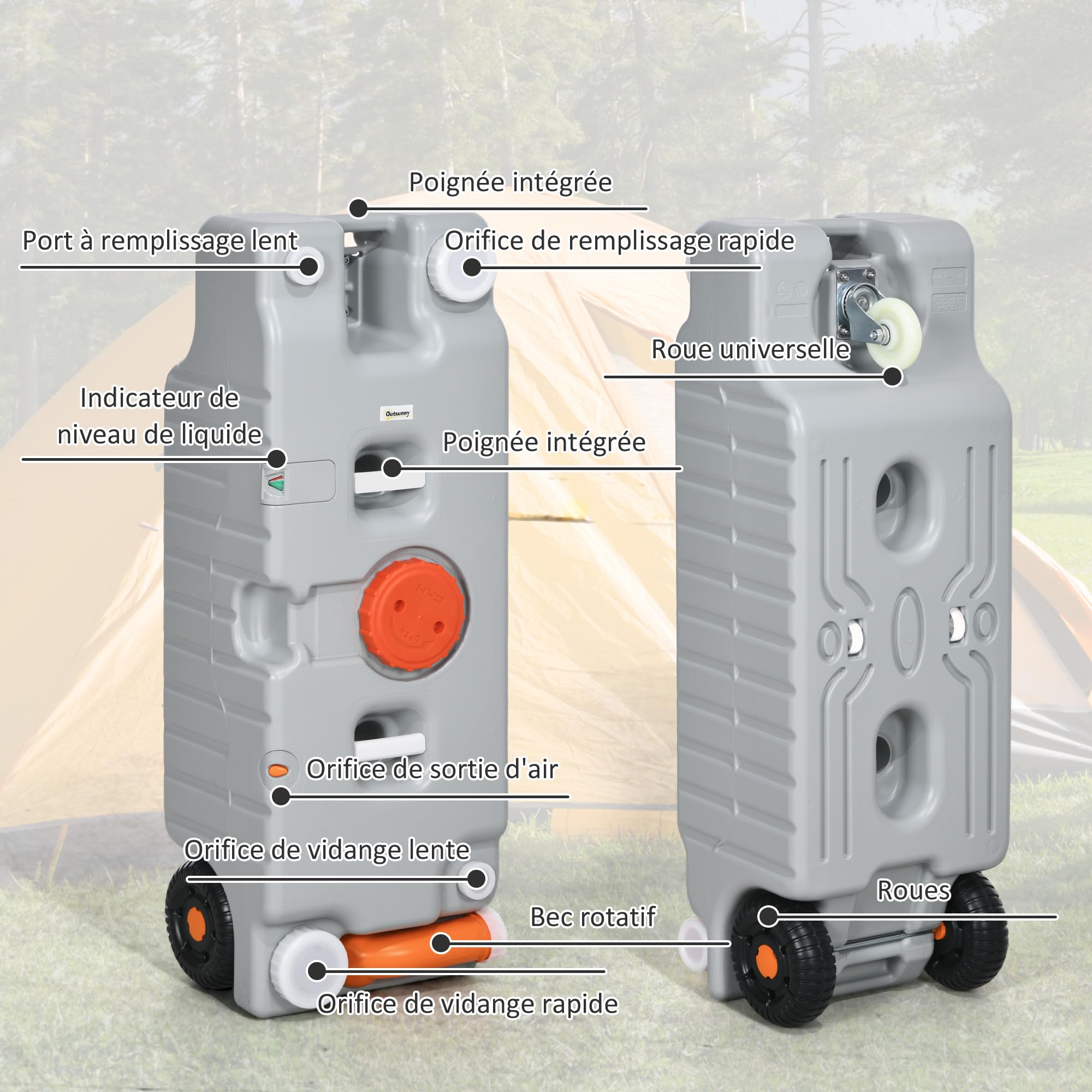 Outsunny - Tanque de agua portátil de 75 litros con indicador de nivel, 3 ruedas y asa para camping