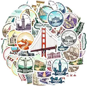 35 peças de marcos de viagem, turismo, arquitetura, marco cultural, adesivos culturais, pacote de adesivos vintage para laptop, motocicleta, bagagem, telefone, faça você mesmo, guitarra, notebook