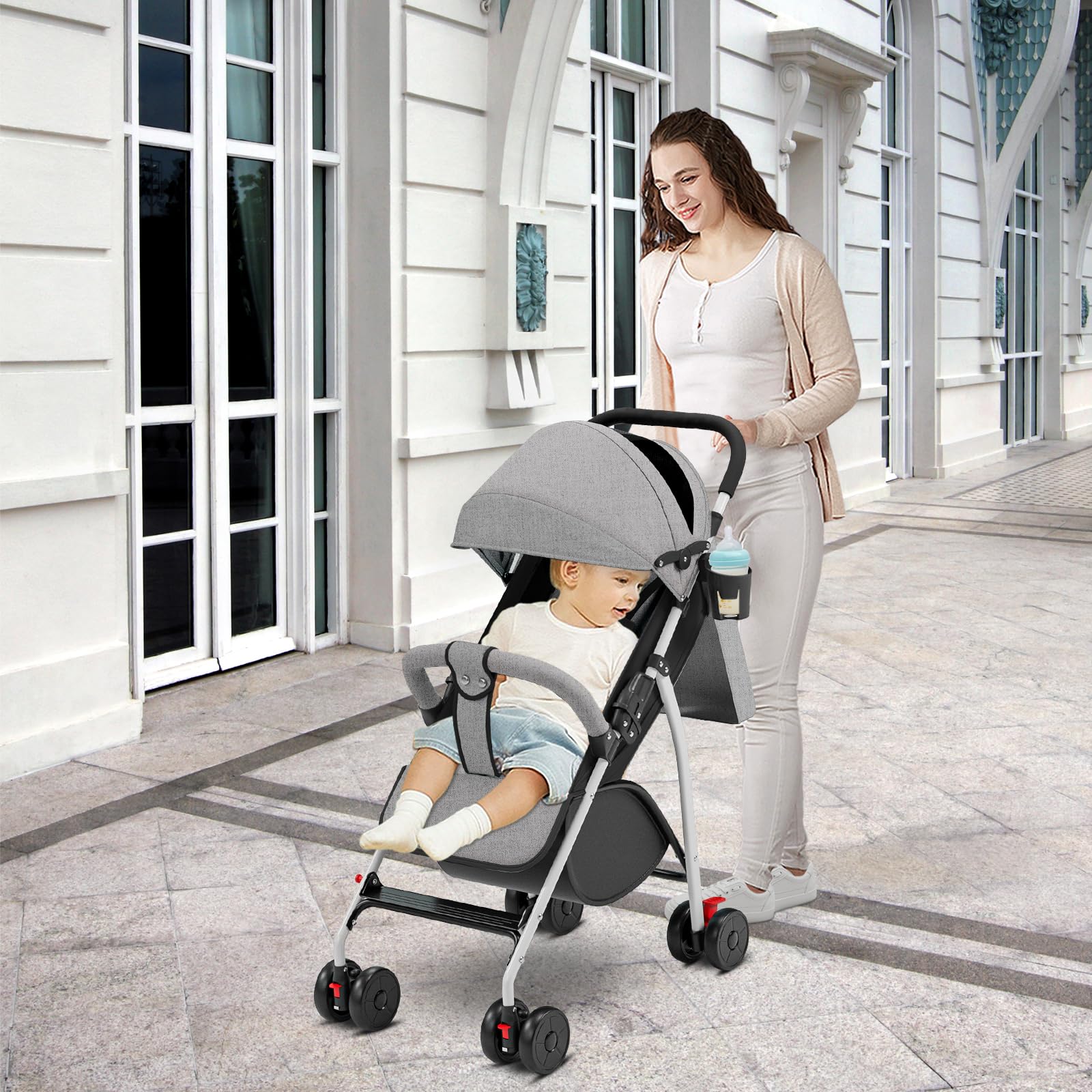 Cochecito de caña de bebé ultraligero, compacto, plegable e inclinable desde el nacimiento hasta 25 kg, con sistema Trolley, funda de lluvia y capó extensible, C-gris