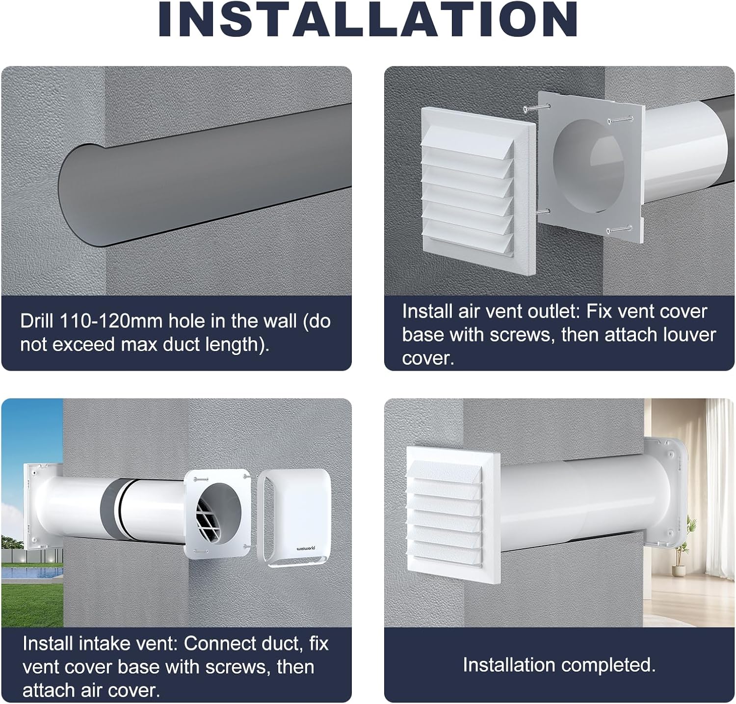 4 Inch Square Passive Air Vent, Adjustable Airflow Ventilation Kit with Extendable Duct - Natural Fresh Air Exchange for Home, Bedroom, Attic (No Motor)