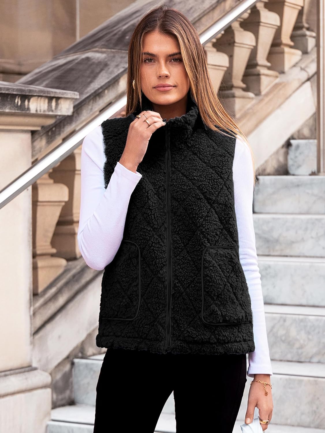 Glamaker Womens Fleece Sherpa Vest Casual Lightweight Outerwear Zip Up Sleeveless Jacket With Pockets - Image 6