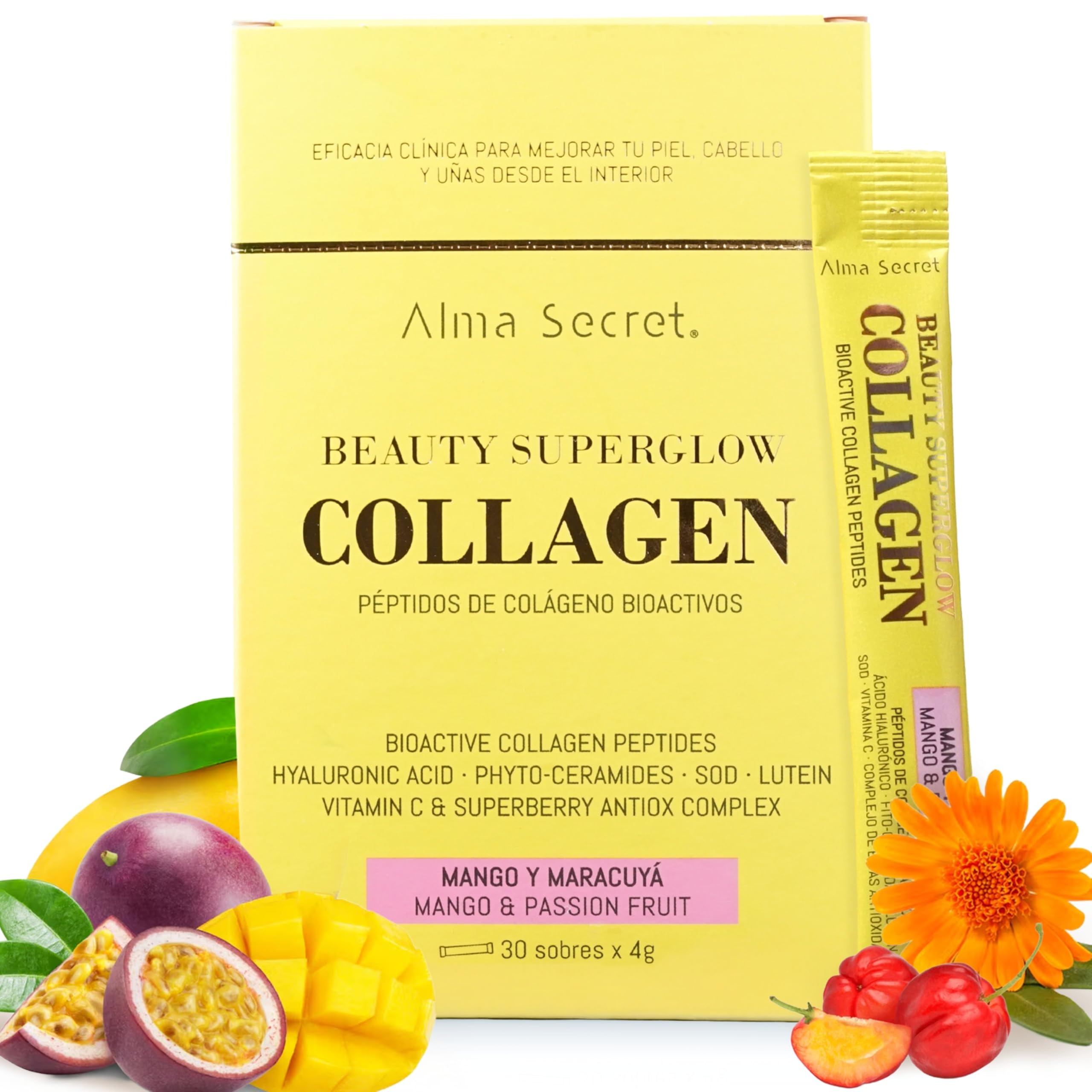 Colágeno Hidrolizado Puro con Ácido Hialurónico Piel Uñas Cabello - Sabor Mango Maracuyá - Suplemento Antiedad Firmeza Elasticidad Hidratación Antioxidante Belleza Natural Sin Azúcar Sin Gluten