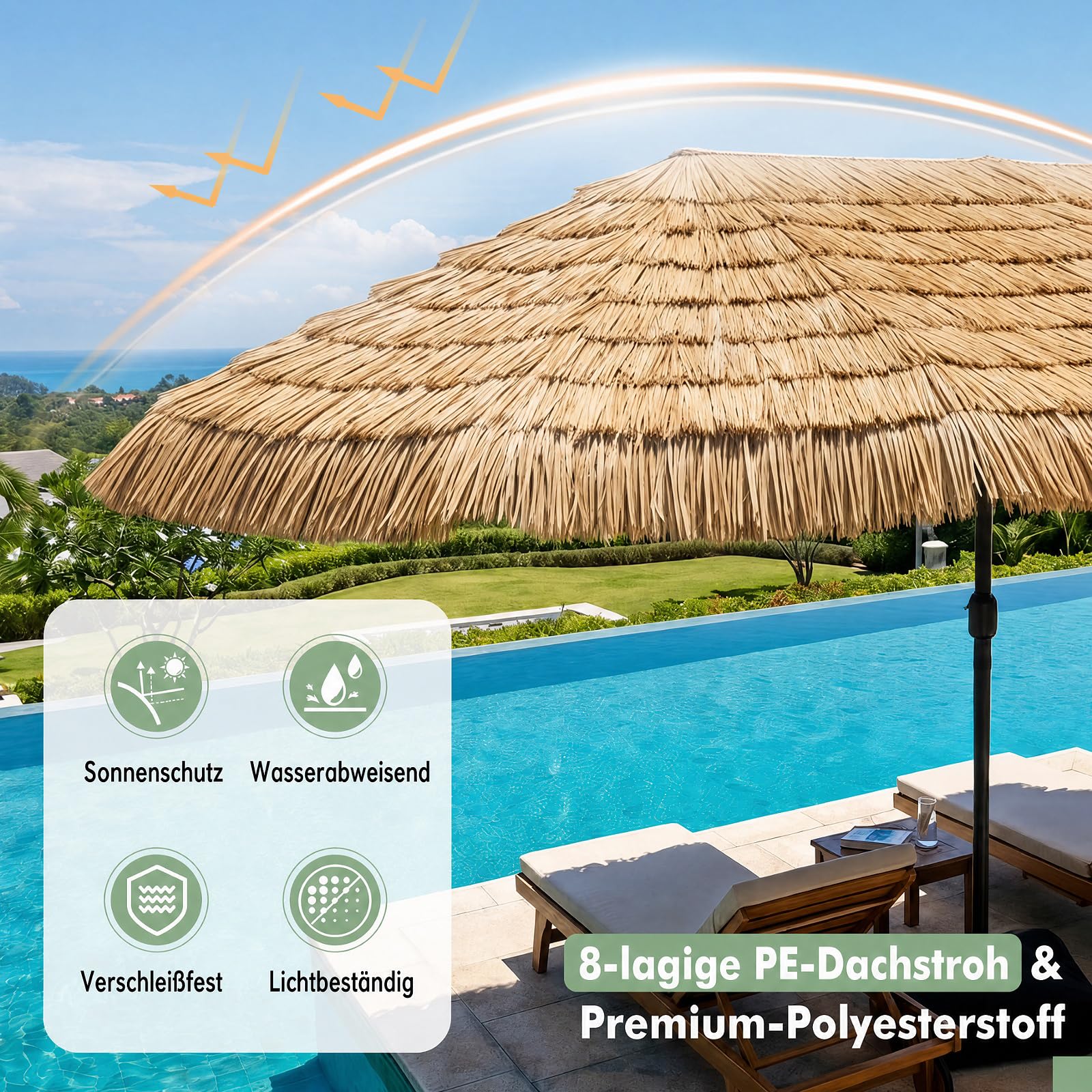 COSTWAY Doppelsonnenschirm 450x260cm, Sonnenschirm Hawaii, Gartenschirm mit Kurbel, Strohschirm Groß XXL, Terrassenschirm, Marktschirm für Garten, Terrasse & Pool