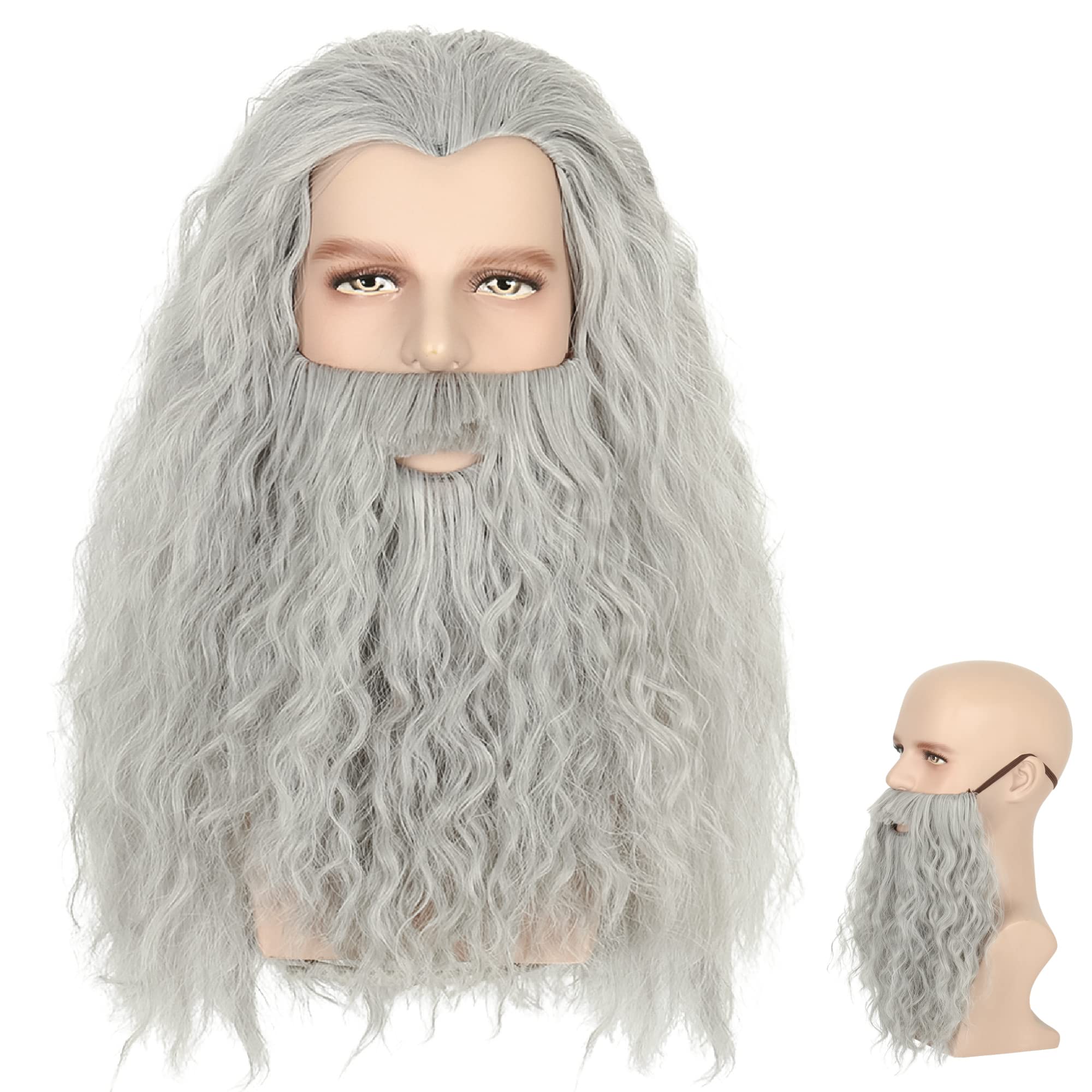 Grey Wizard Wig and Beard Set Long Curly Halloween Wigs for Men