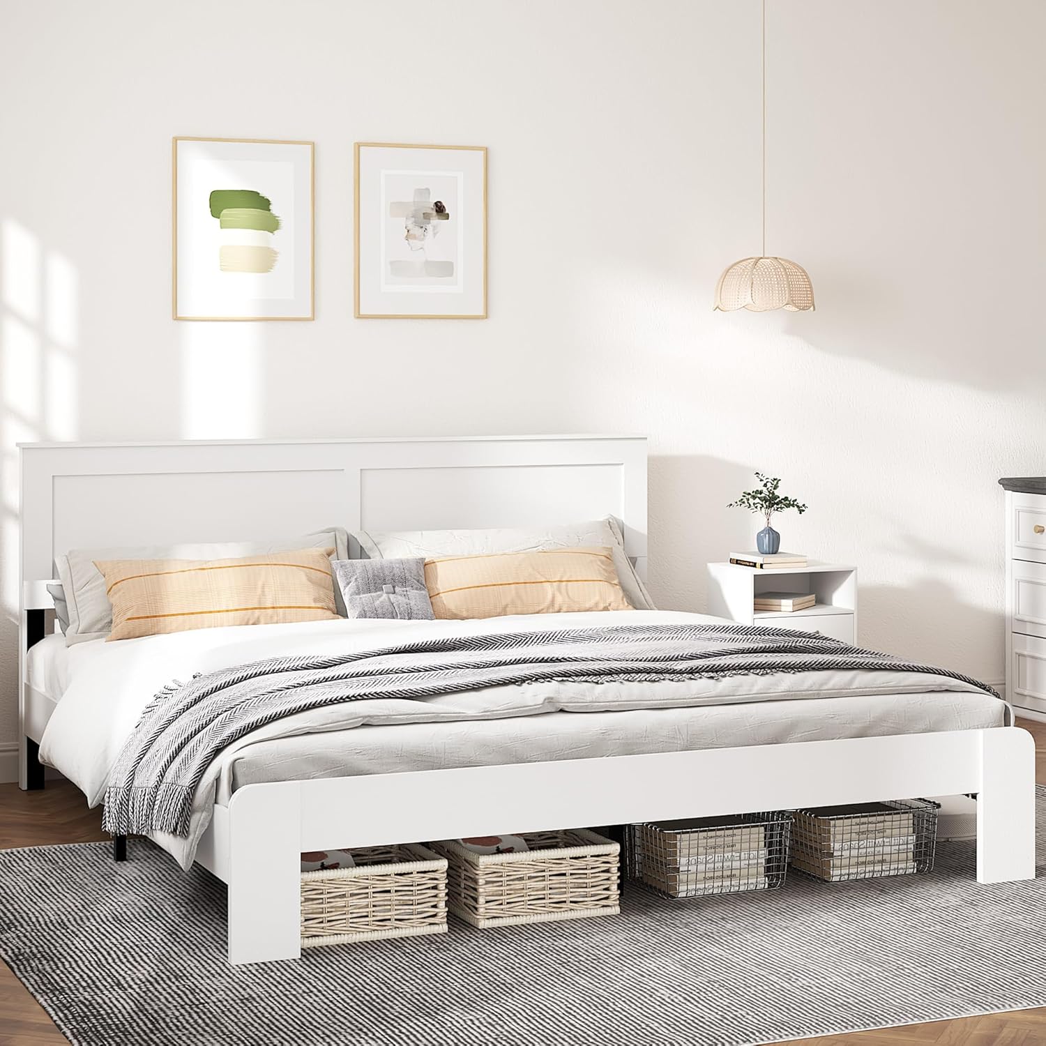 NNOOTK King Size Bed Frame, Rustic Vintage Platform Bed Frame with Wood Headboard and Footboard, 12 Wood Slats Support, No Box Spring Needed (White, King)