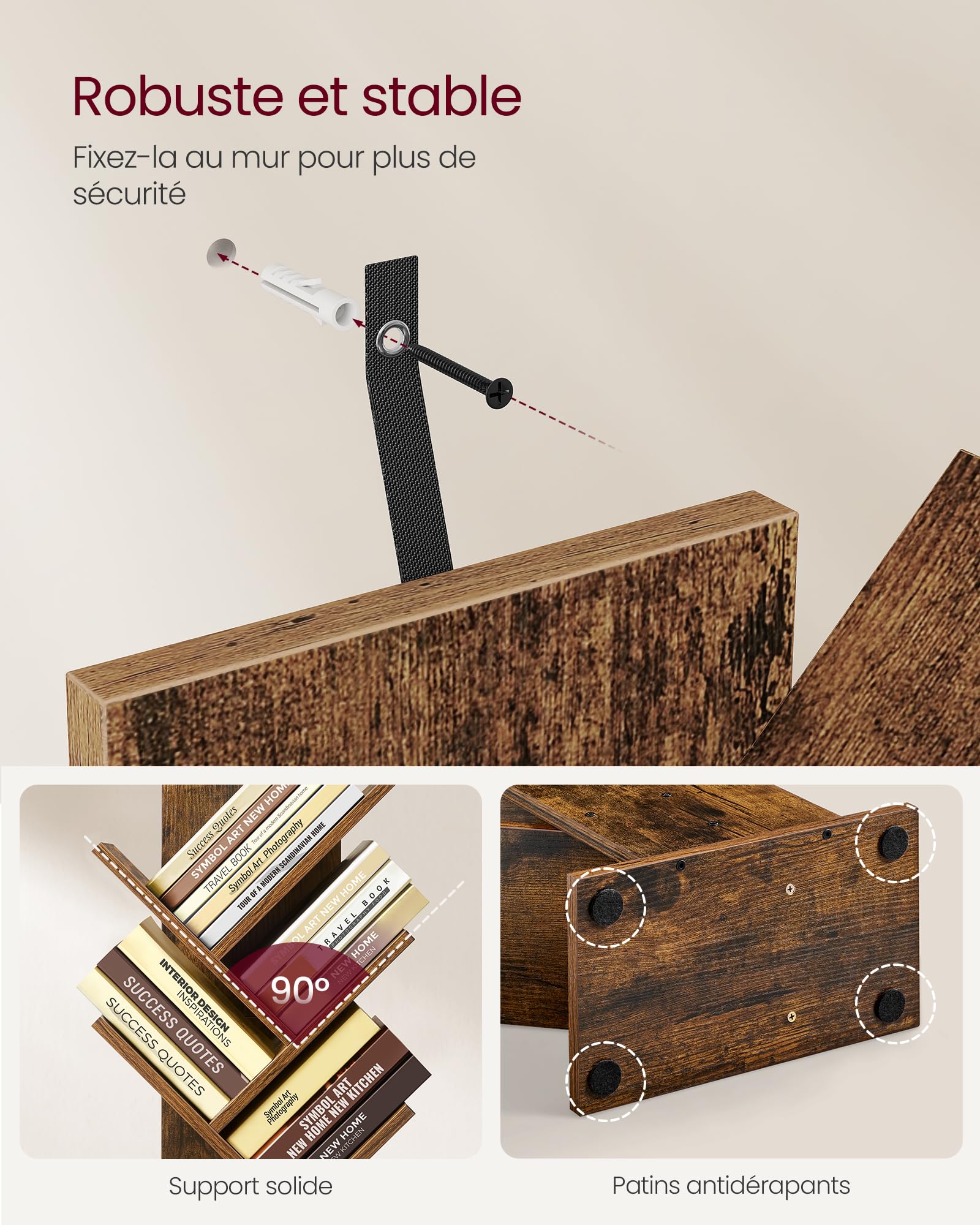 VASAGLE Custos Collection - Bibliothèque Arbre, Bibliothèque Moderne sur Pied, pour Chambre, Salon, Bureau, 20 x 38 x 115,2 cm, Marron Rustique LBC609KD01