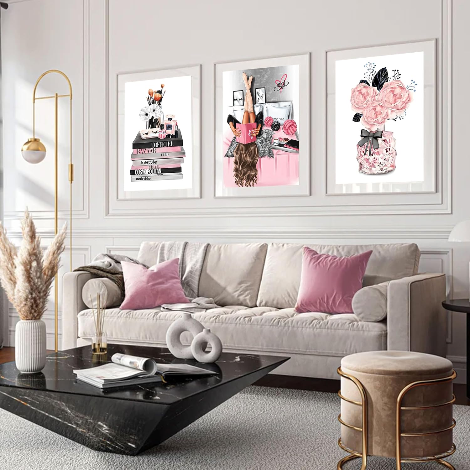 3Pcs Pink Trendy Girls Canvas Wall Art Pictures Fashion Girl Reading Book Posters Print Stylish Delicate Bathroom Bedroom Makeup Room Beauty Room Wall Decor 12x16in Unframed