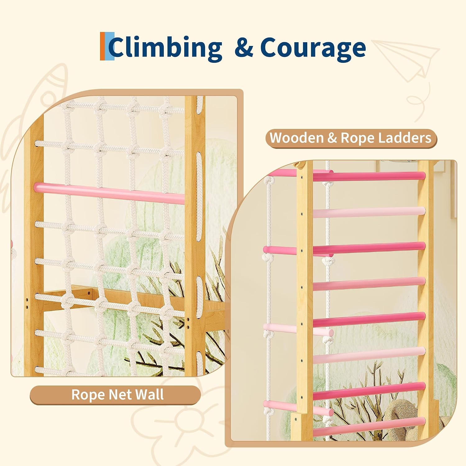 8 in 1 Indoor Jungle Gym Set, Wooden Kids Climbing Structure with Slide and Swing, Monkey Bars Play System with Rope Ladder and Climbing Net, Indoor Playground for Kids Ages 3-10