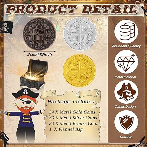 Vista 2 de Hanaive 100 monedas piratas de metal, cofre del tesoro, doblón español, monedas falsas para niños, juegos de mesa, fiesta pirata, cosplay