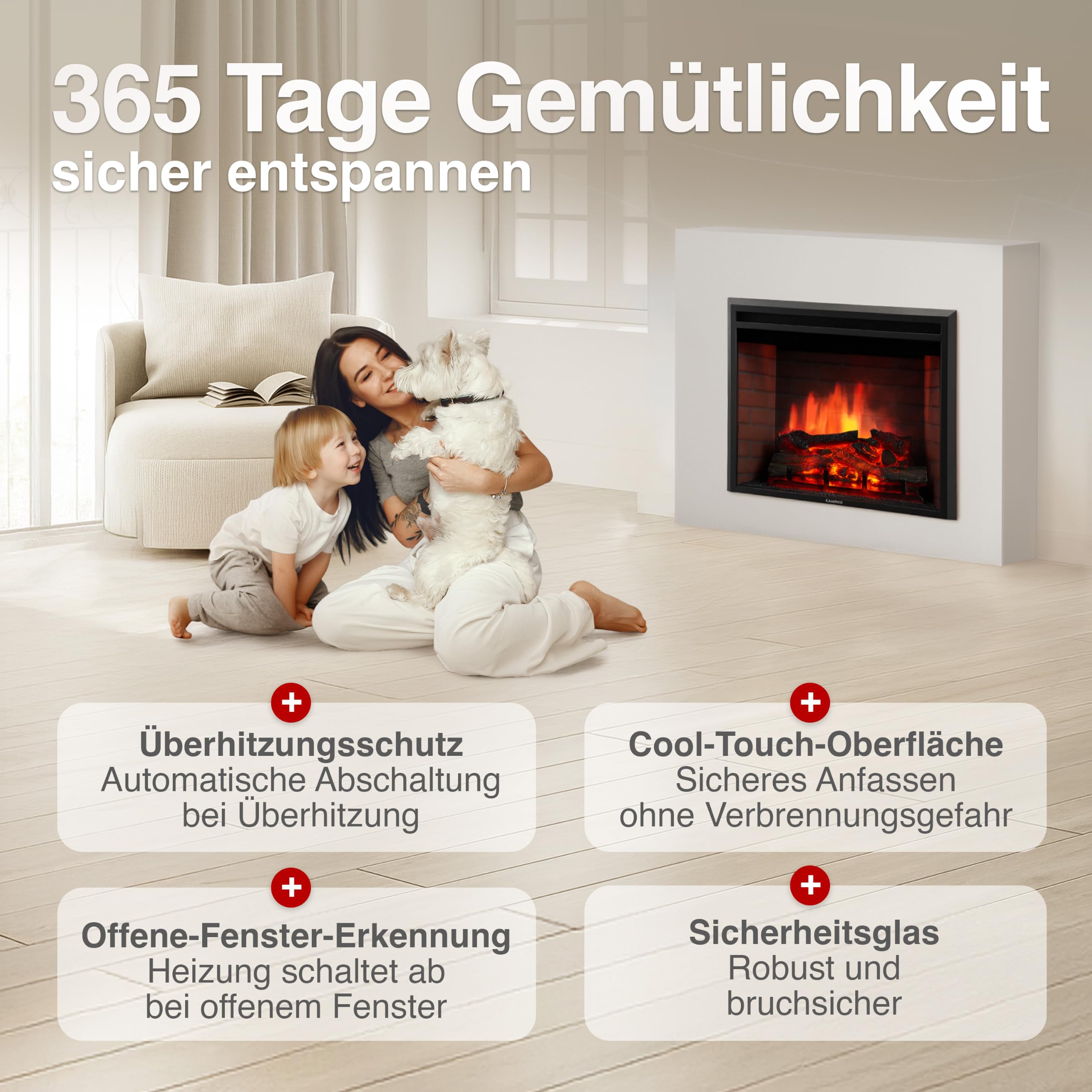 KAMINIO Elektrokamin Luca - Elektrischer Einbaukamin mit Heizung, 3D-Flammeneffekt, 12 Flammenfarben, Fernbedienung - 30 Zoll